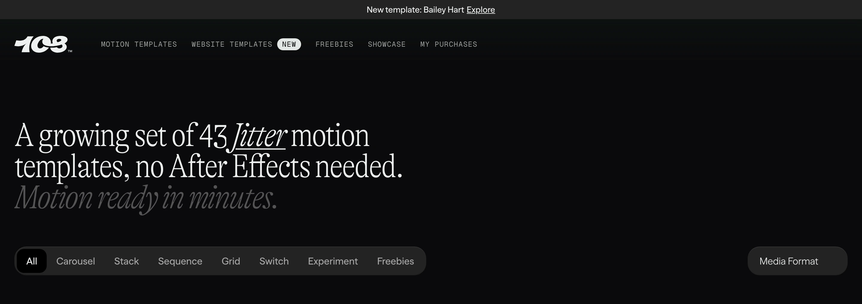 Minimal, dark editorial header pairing a distinctive condensed serif headline with subtle monochromatic filter pills.
