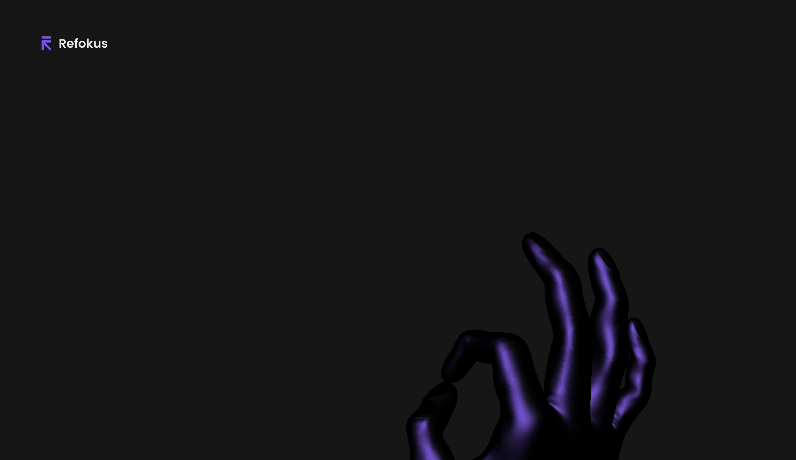 Atmospheric, near-empty dark canvas anchored by a glossy purple 3D hand gesture emerging from the bottom corner.