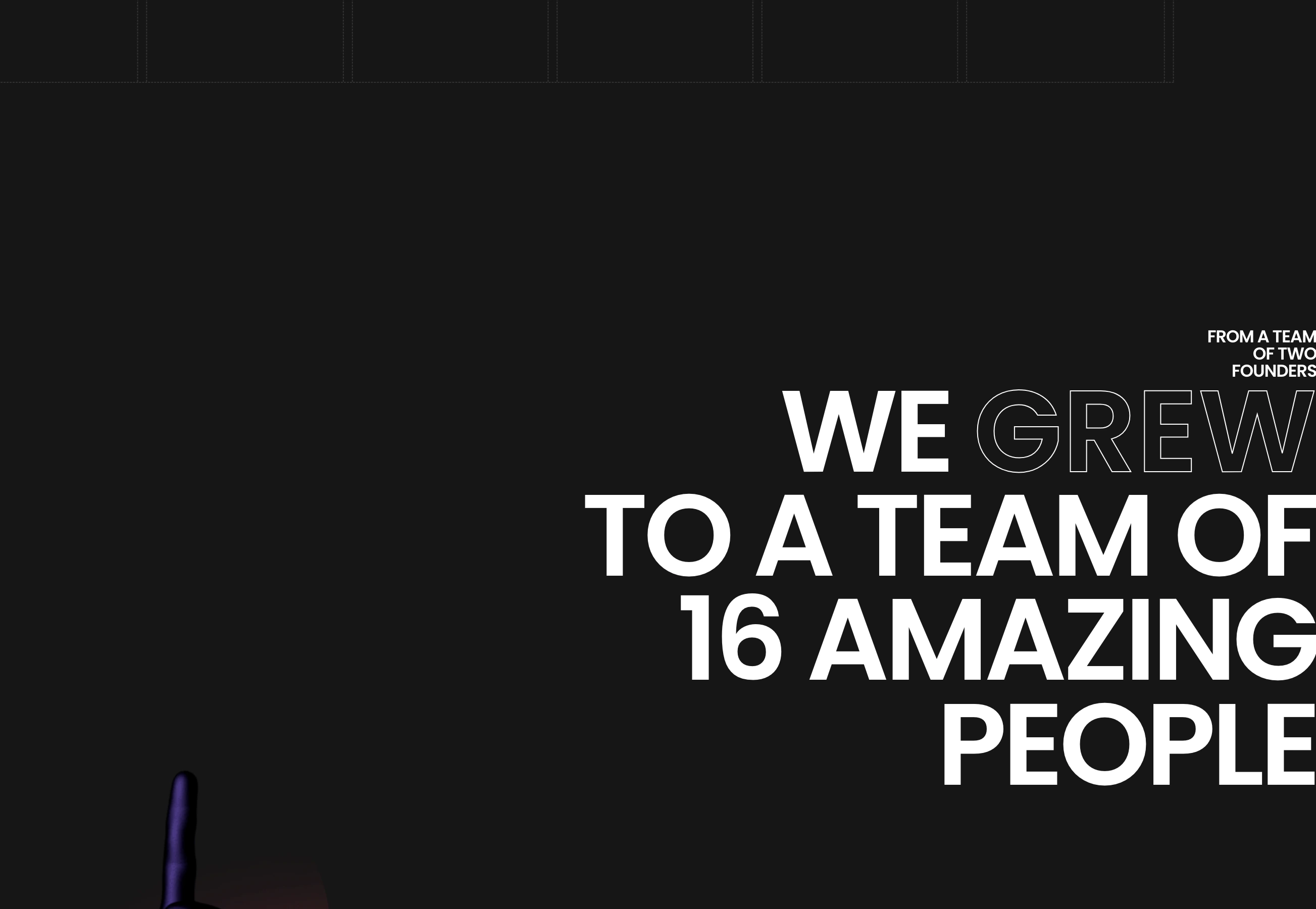 Dramatic dark-mode growth milestone statement dominated by massive uppercase typography with stroke-outlined keyword treatment.