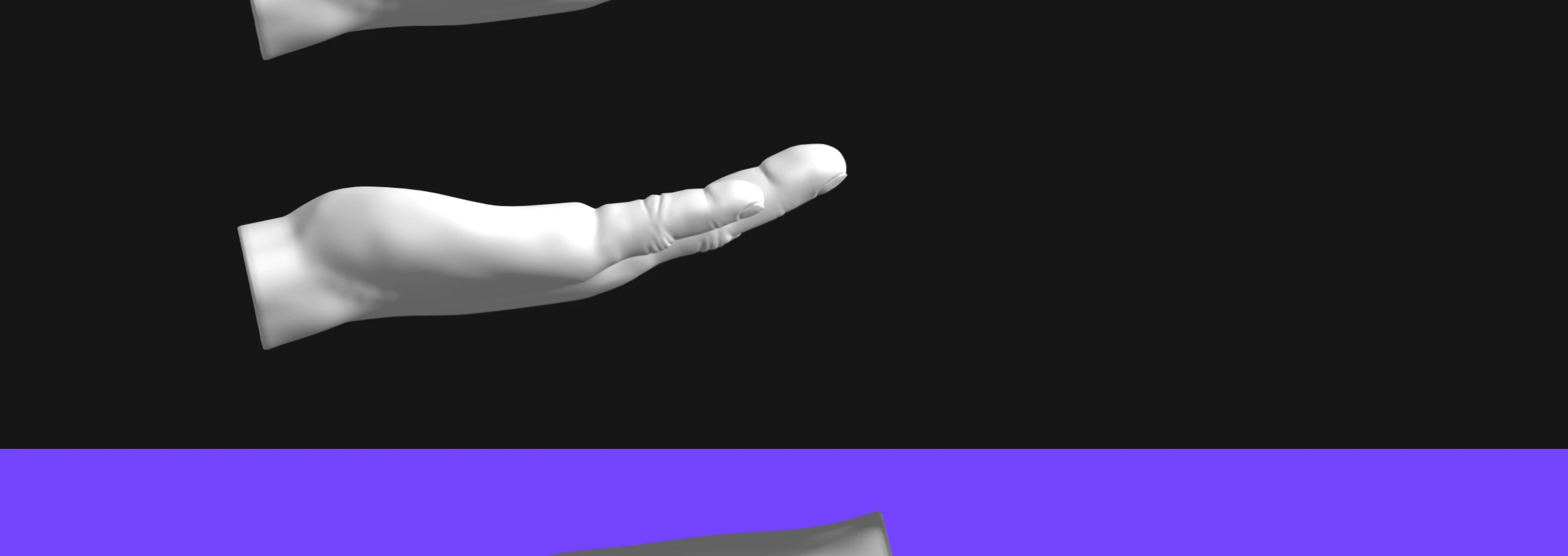 Surreal monochrome 3D sculpted hands float against a deep black field above a bold saturated purple color block.