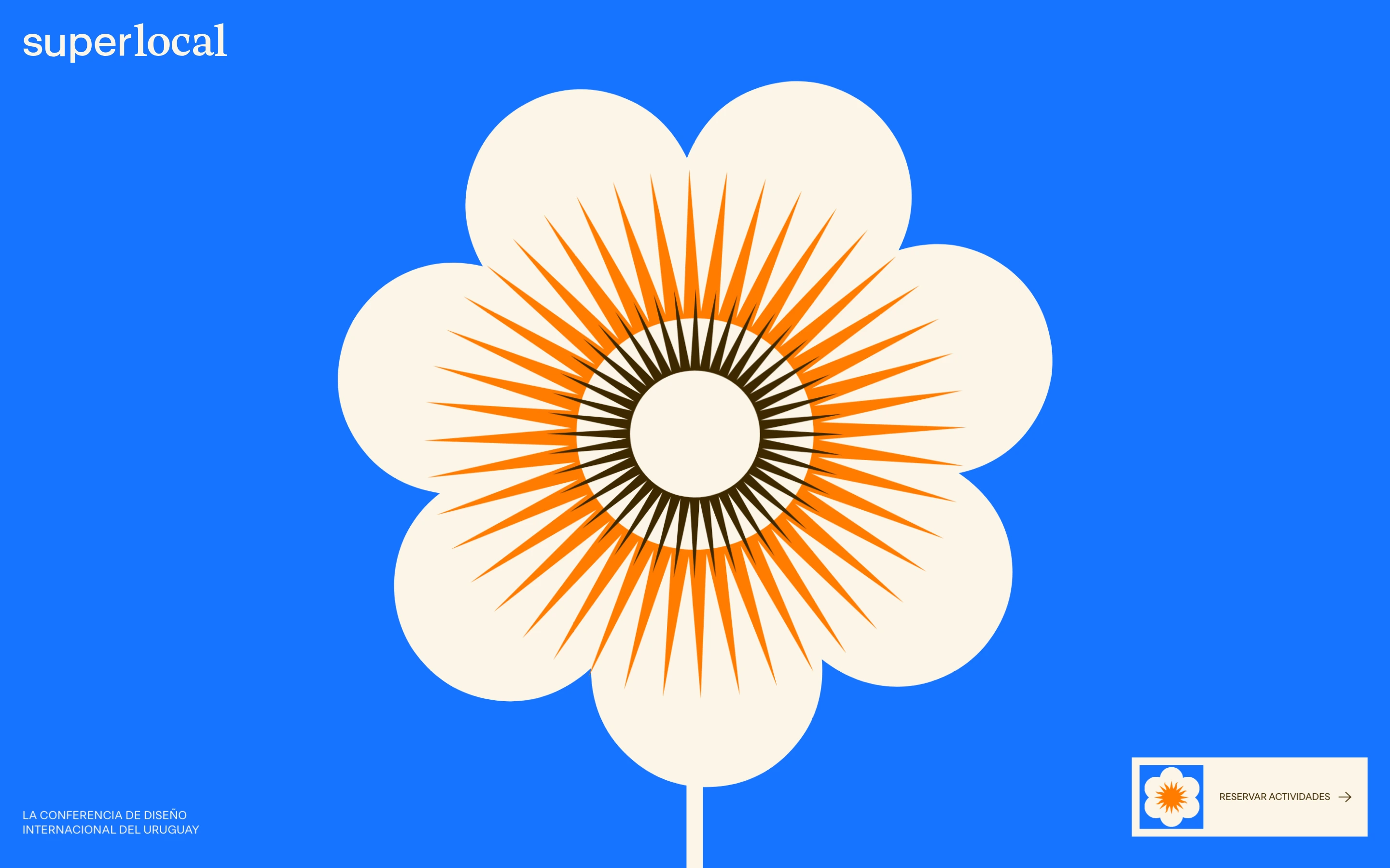 Vibrant electric blue hero featuring a giant stylized retro floral motif surrounded by stark, corner-pinned typography.