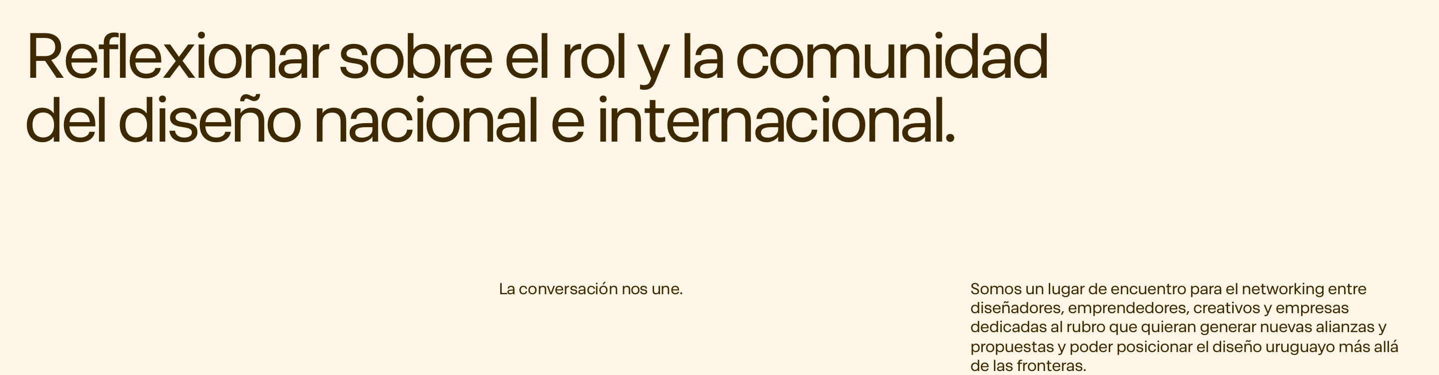 Quiet, text-only editorial statement set in warm earth tones with generous spacing and asymmetric narrative columns.