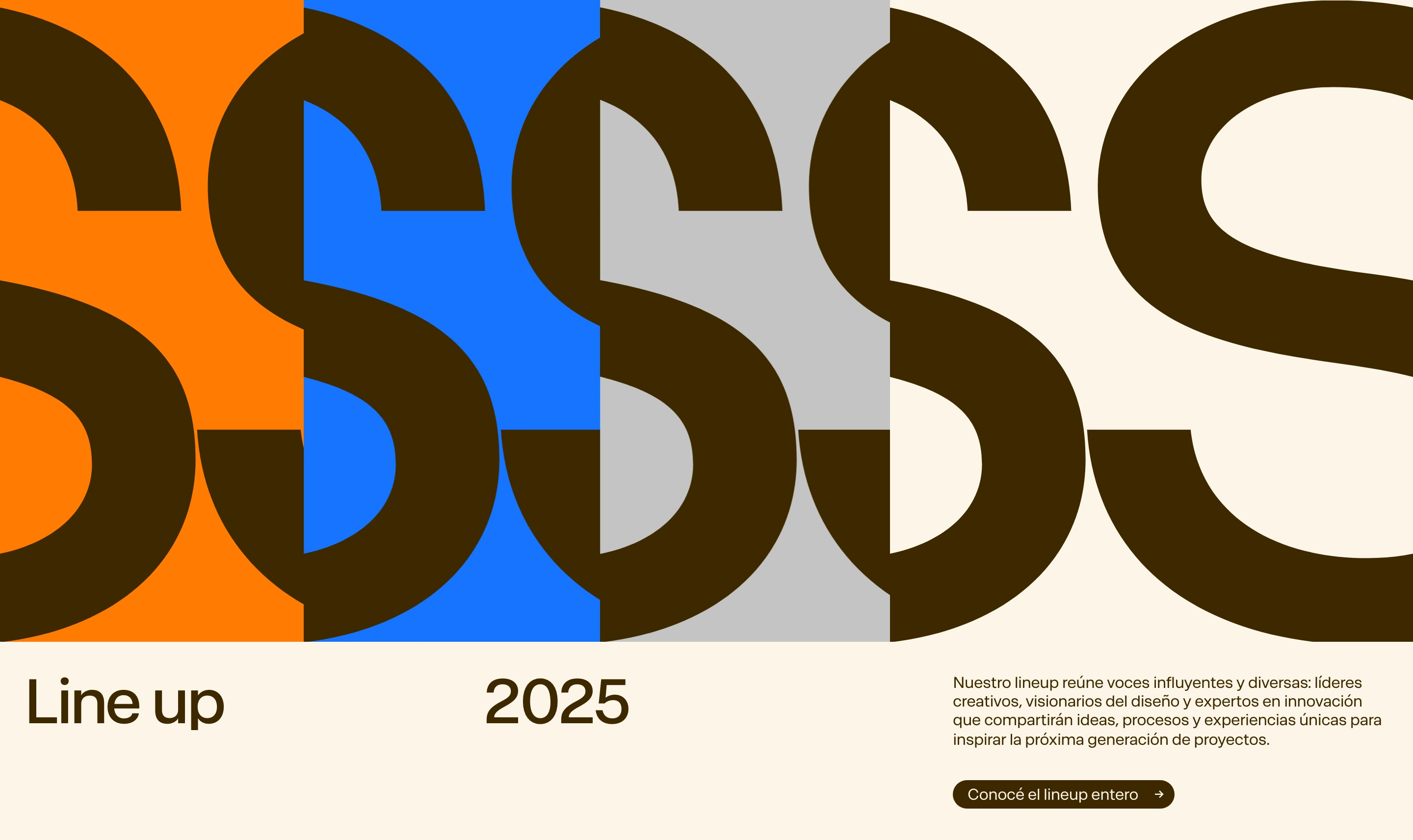 Monumental repeating typographic letterforms sliced across bold color blocks create a striking, poster-like conference lineup banner.