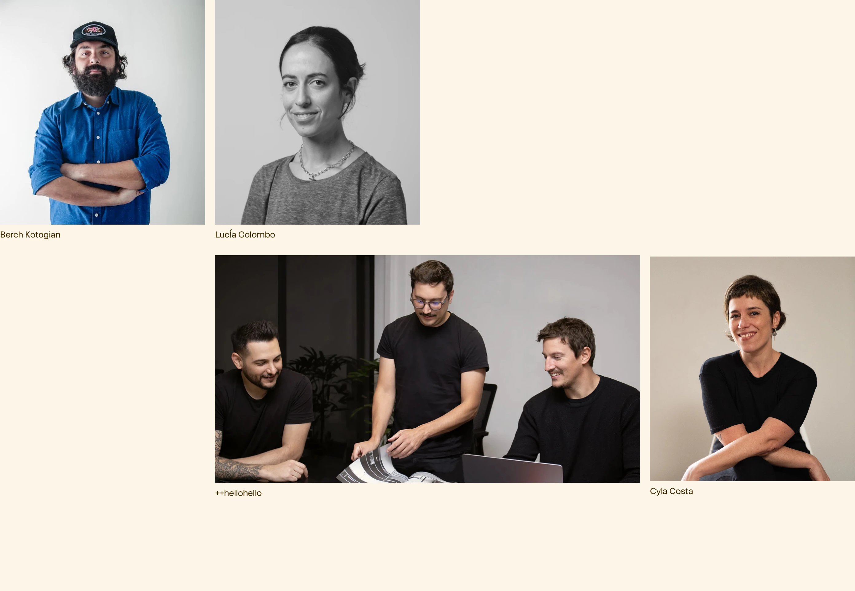Spacious and quiet editorial team showcase featuring staggered portrait photography against a warm cream canvas.