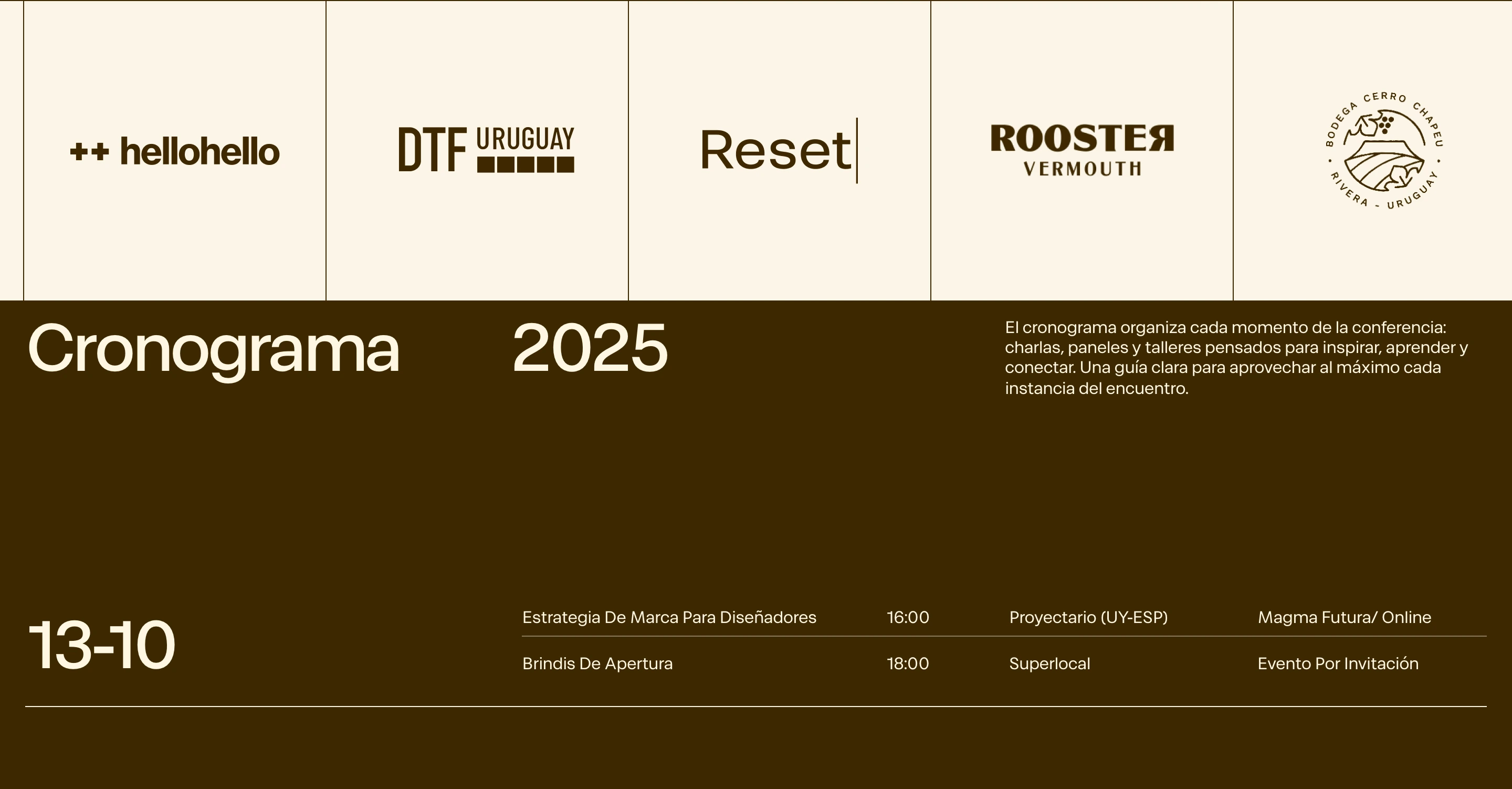 Structured conference schedule pairing a cream sponsor strip with a deep earth-toned typographic timetable.