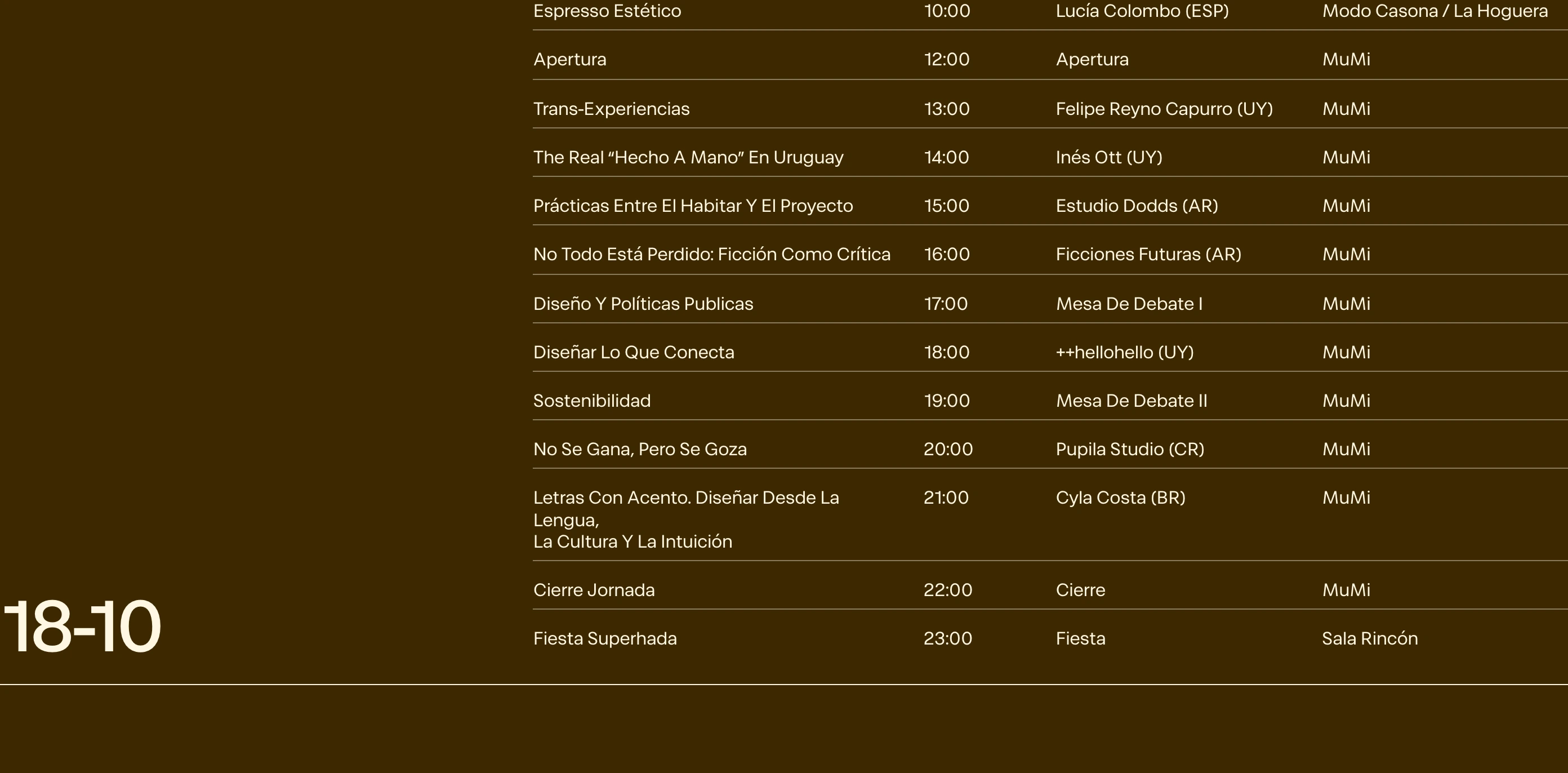A structured, warm-toned conference schedule laid out with disciplined editorial tabular typography.