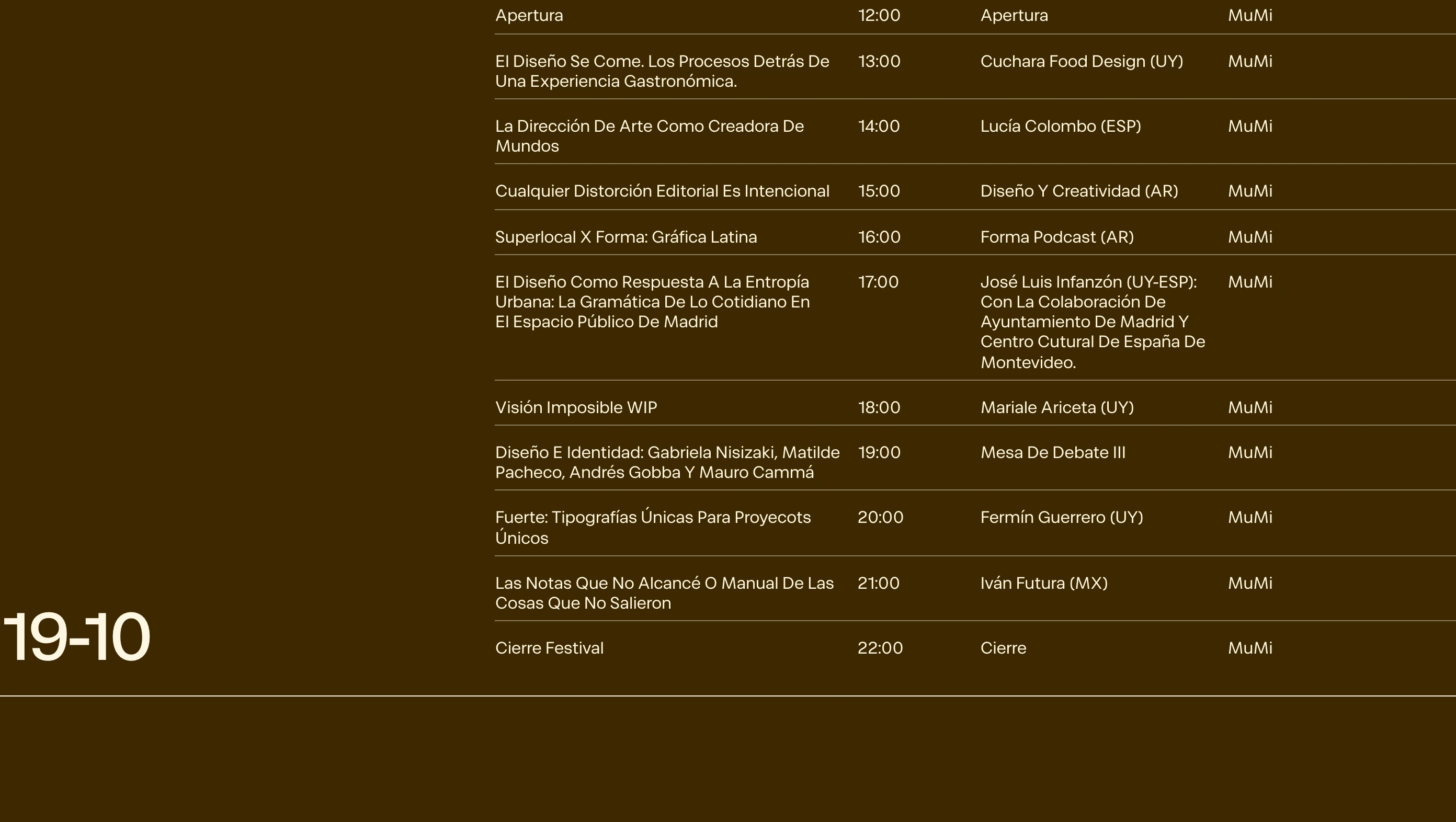 A warm, deeply toned festival schedule rendered in a precise tabular grid with minimal hairline dividers.