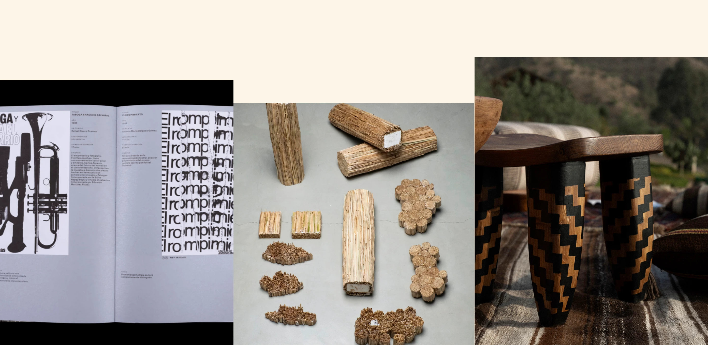 A tactile, contemplative triptych gallery showcasing material craft, editorial design, and furniture without text distraction.