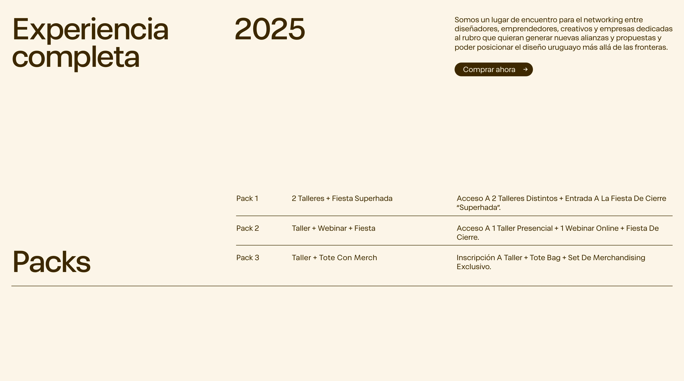Minimalist cream-toned event packages table with airy typographic spacing and structured horizontal rules.