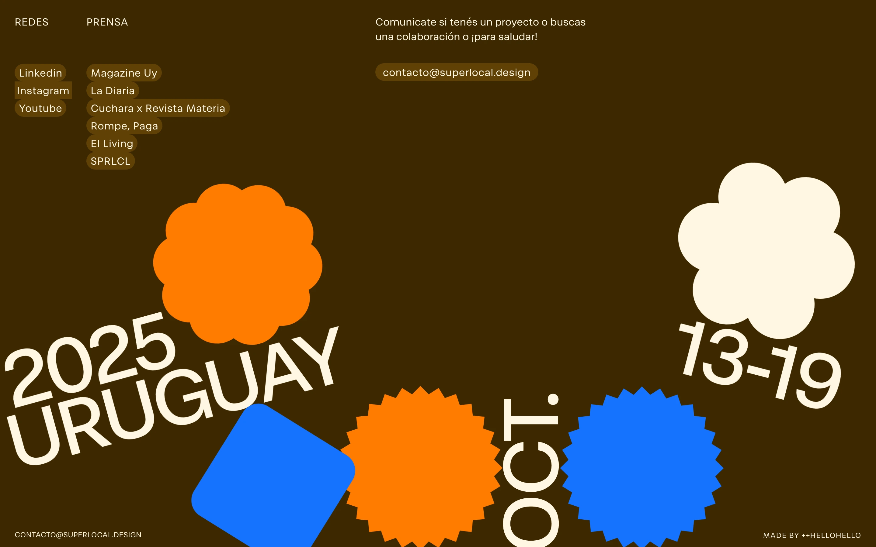 A playful, vibrant footer bursting with graphic stamp shapes and kinetic, oversized rotated typography against a deep chocolate background.