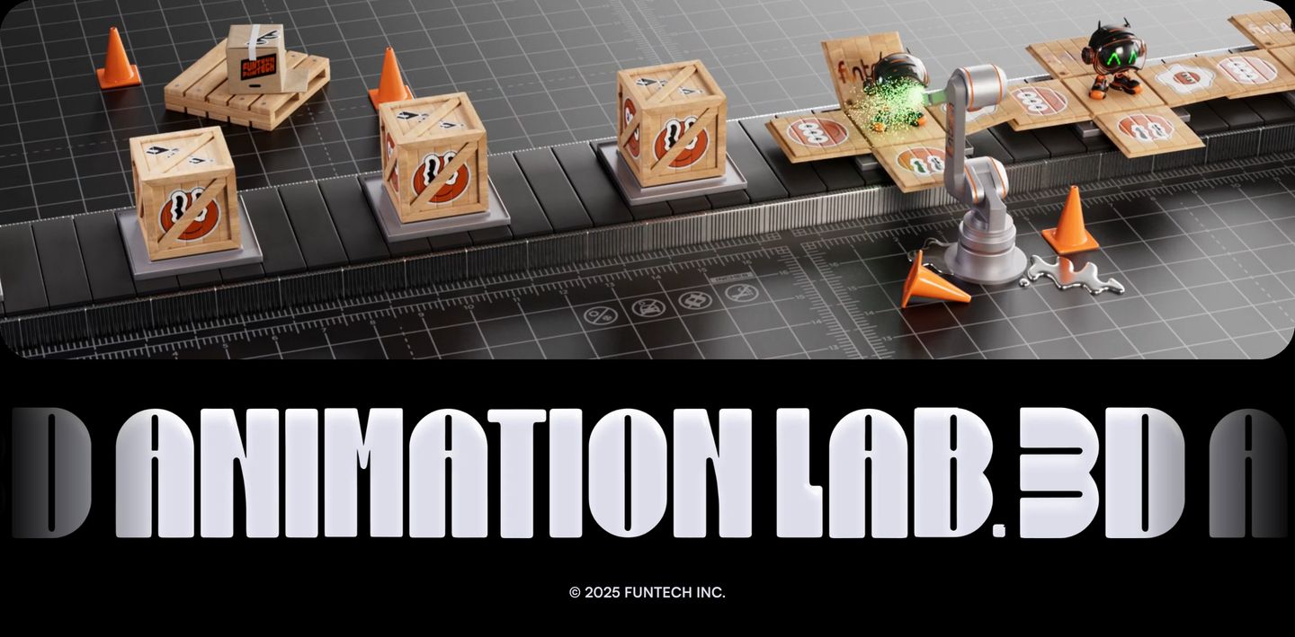A playful isometric 3D factory scene rests above massive dimensional typographic lettering and a subtle copyright line on a deep black canvas.