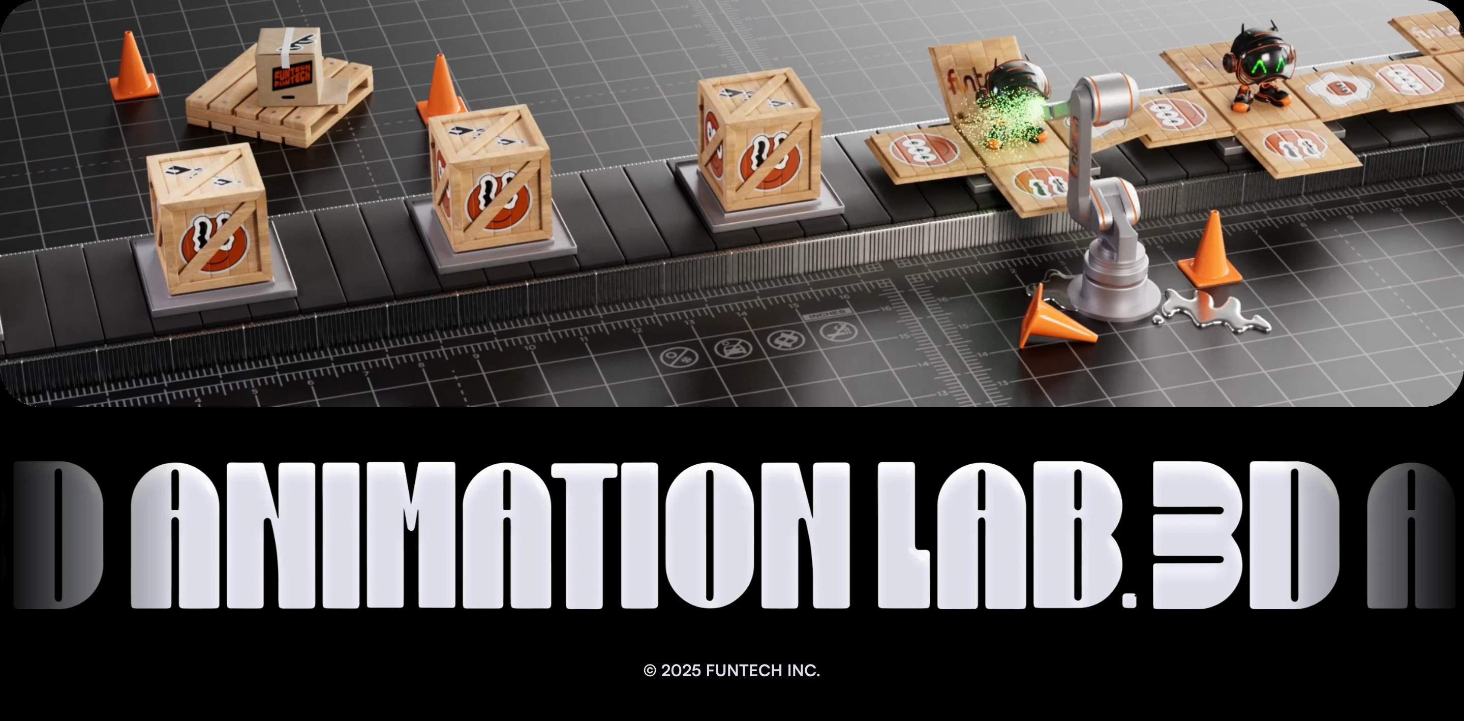 A playful isometric 3D factory scene rests above massive dimensional typographic lettering and a subtle copyright line on a deep black canvas.