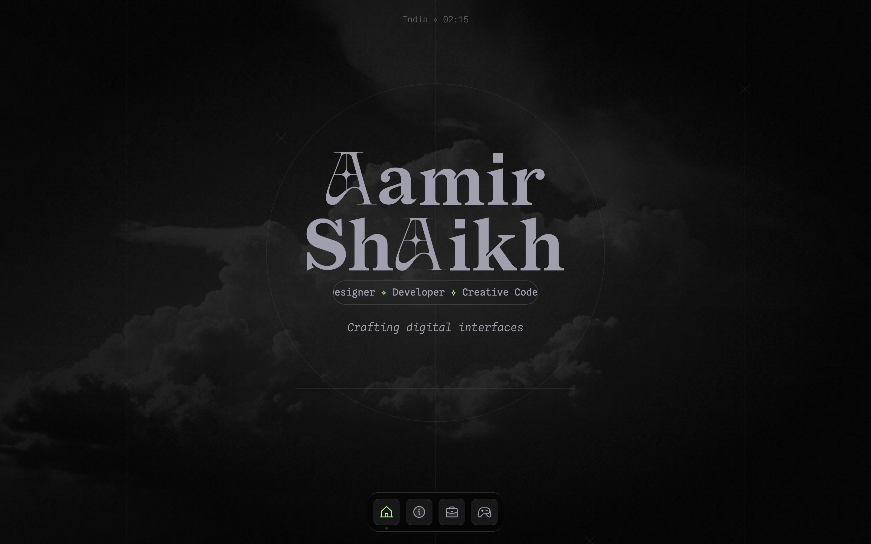 Nocturnal, moody portfolio hero blending celestial reticle graphics with sculpted serif typography over dark cloudscapes.