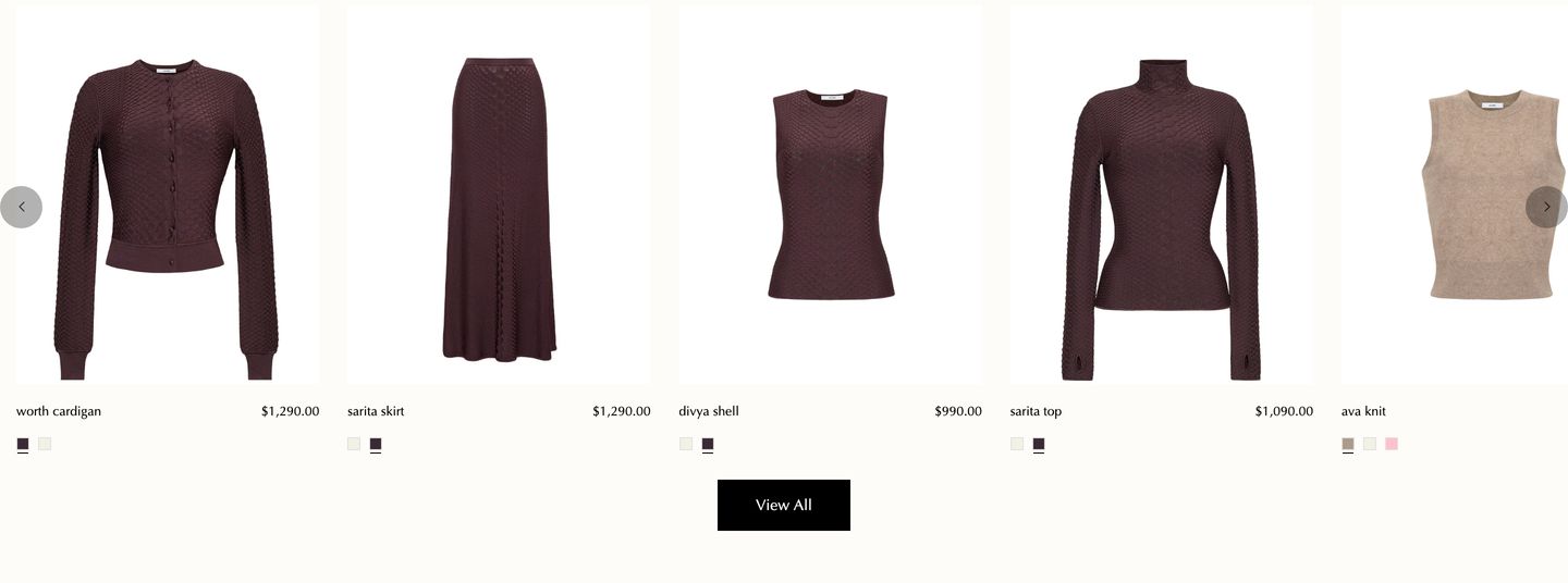 Quiet luxury product carousel showcasing garments against an airy cream background with understated lowercase typography and swatch selectors.
