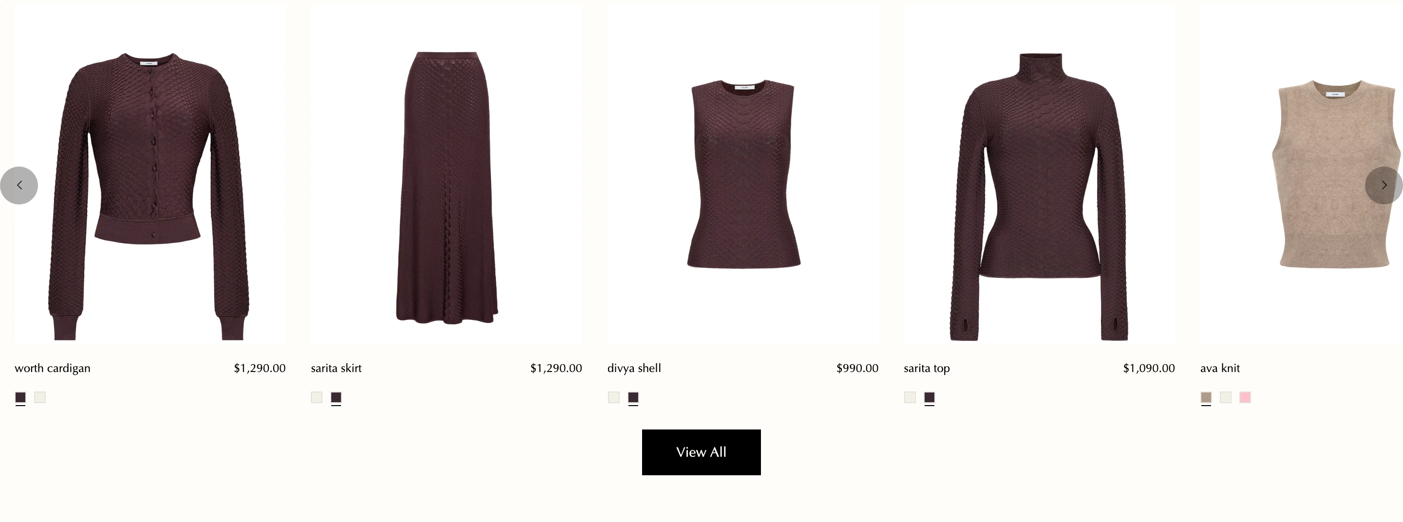 Quiet luxury product carousel showcasing garments against an airy cream background with understated lowercase typography and swatch selectors.