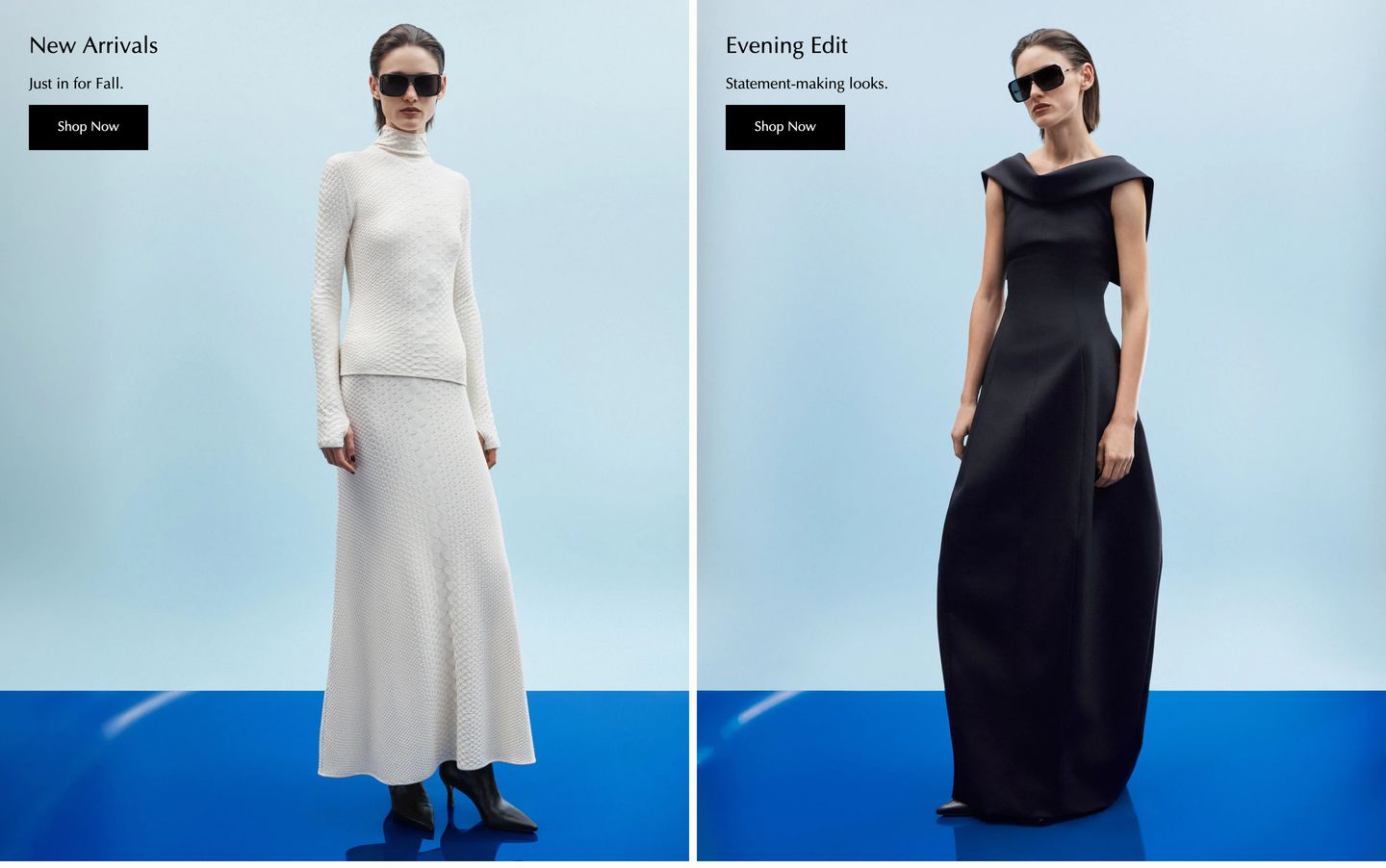 Symmetrical luxury fashion dual-feature pairing stark studio portraits over cool blue gradients with restrained Optima typography.