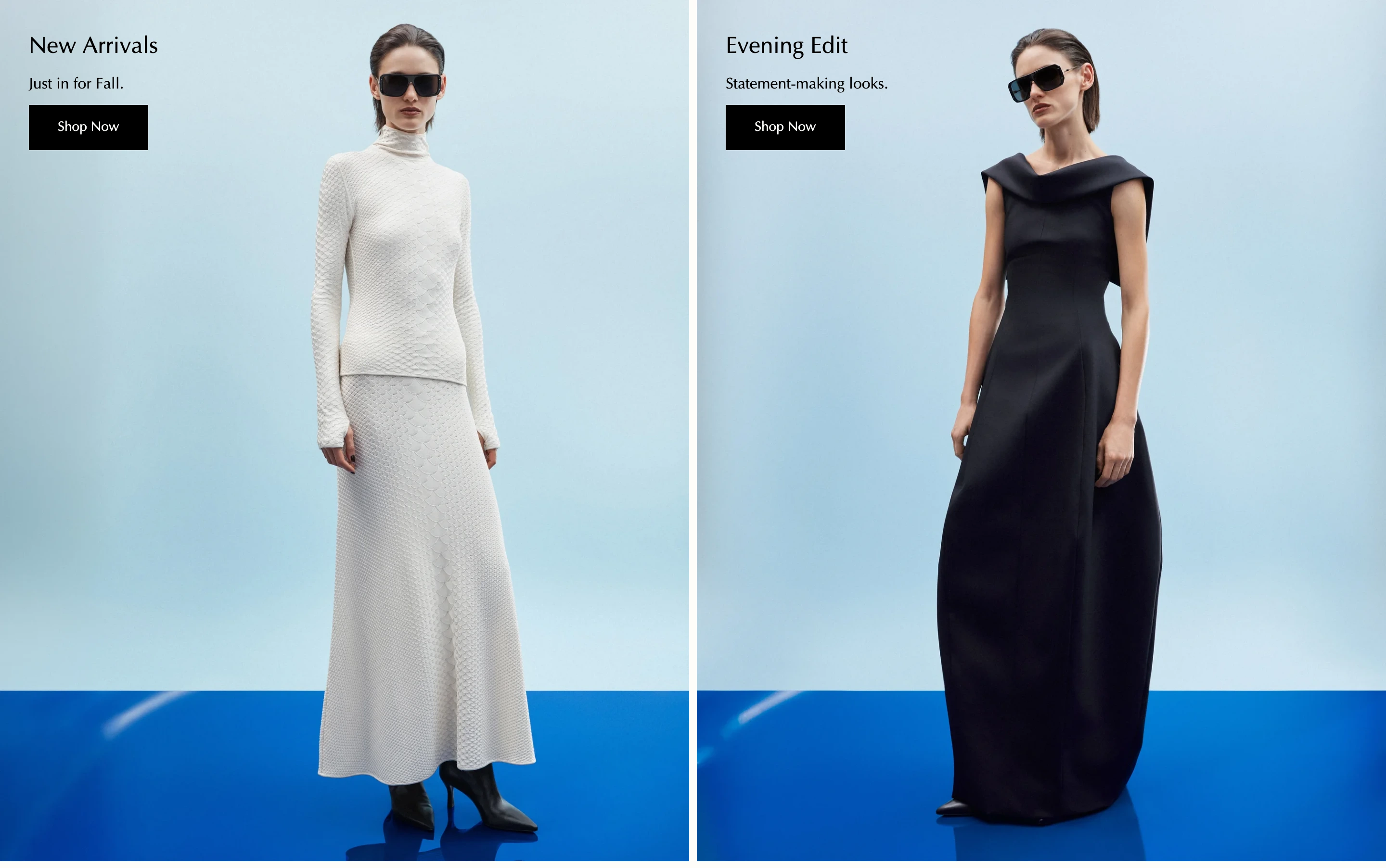 Symmetrical luxury fashion dual-feature pairing stark studio portraits over cool blue gradients with restrained Optima typography.