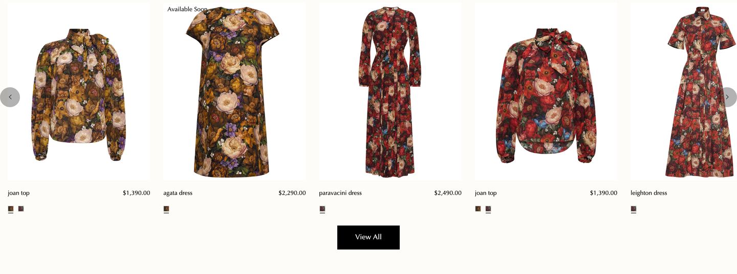 Refined luxury fashion carousel showcasing rich floral garments on a warm cream canvas.