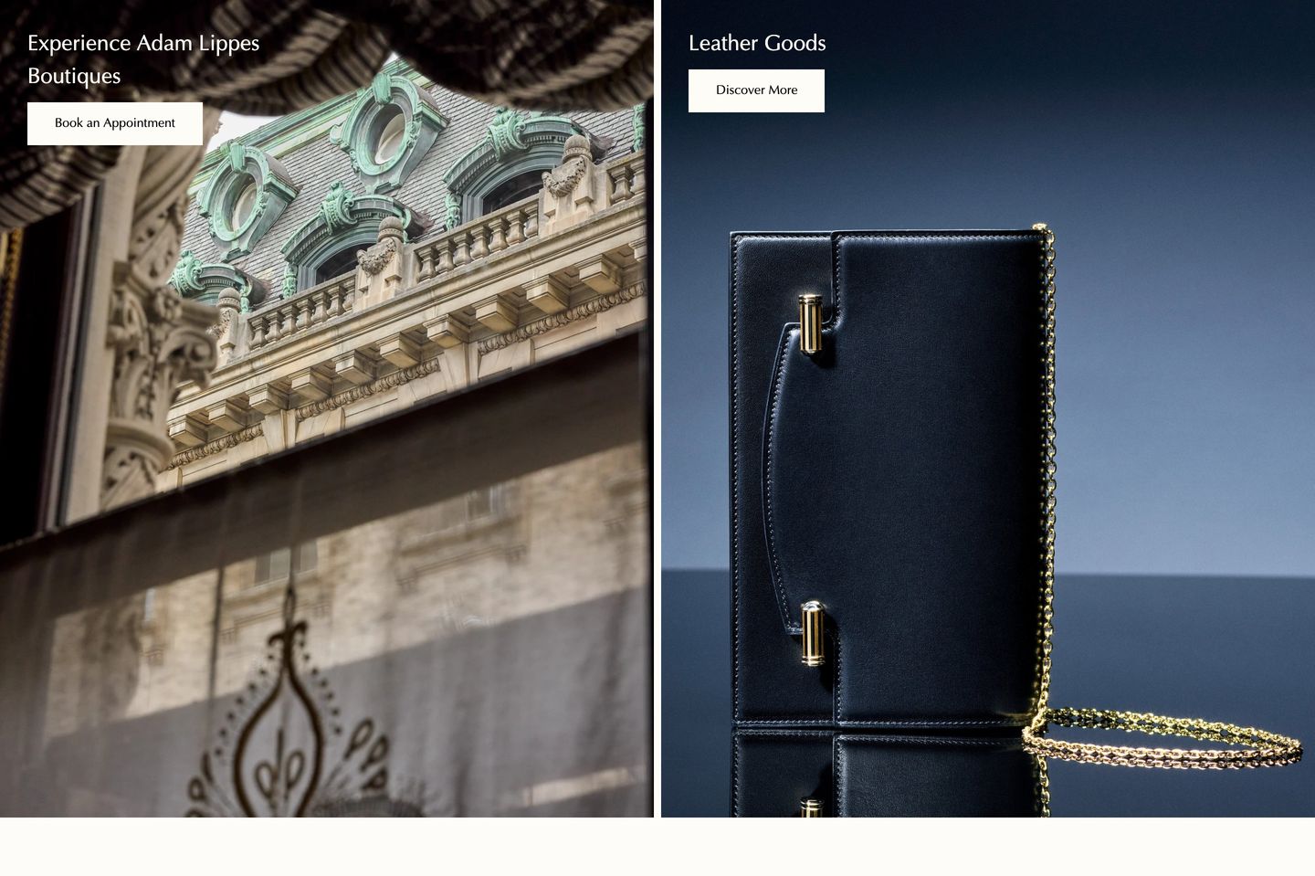 A dual-panel luxury showcase contrasting ornate architectural vistas with sleek, polished leather goods under crisp editorial typography.