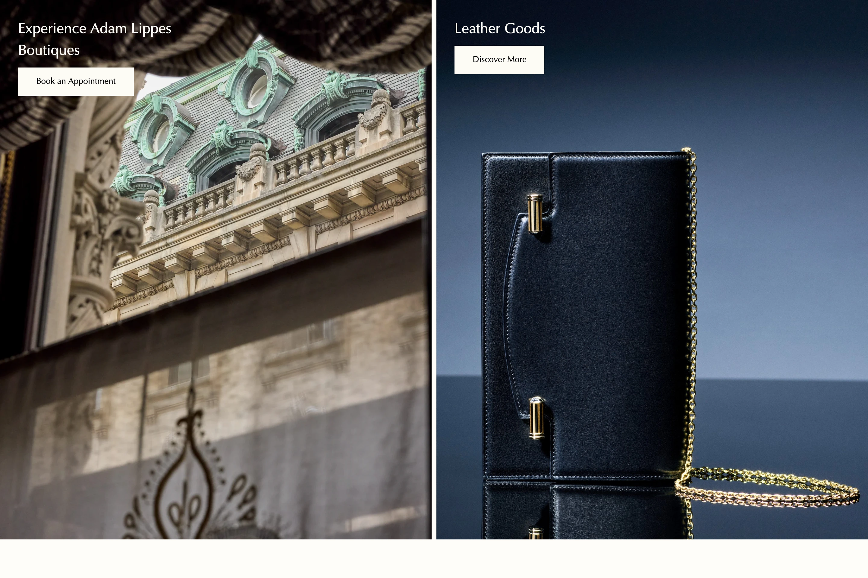 A dual-panel luxury showcase contrasting ornate architectural vistas with sleek, polished leather goods under crisp editorial typography.