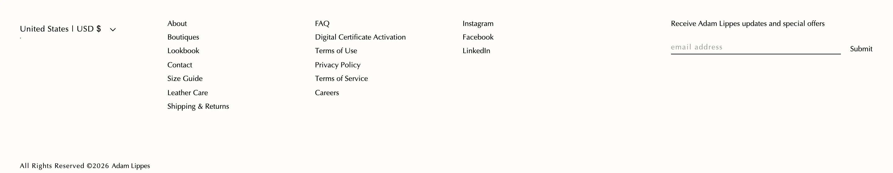 A sparse and quiet luxury fashion footer bathed in warm cream whitespace with delicate humanist type.