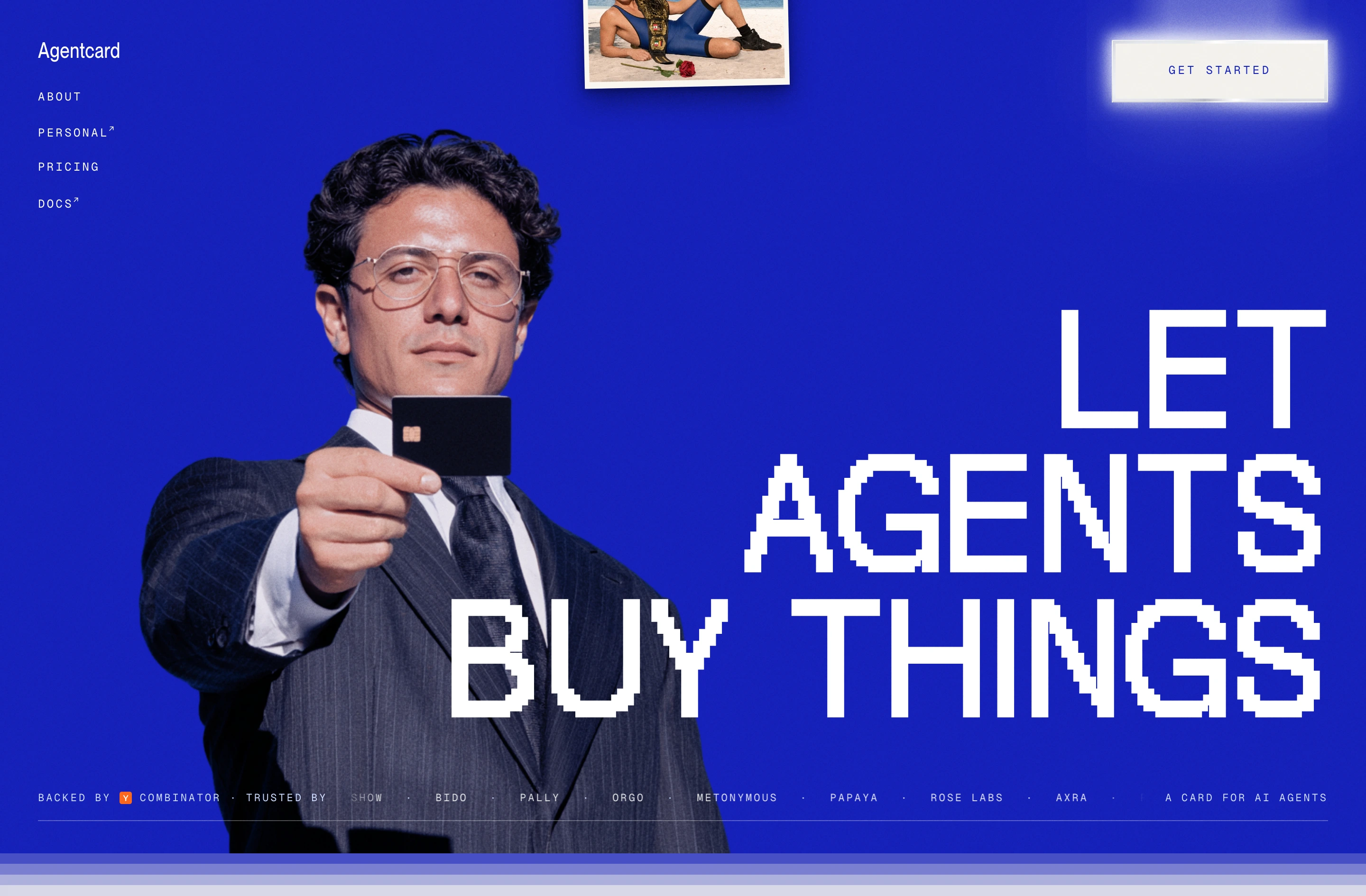 Saturated electric-blue hero combining retro corporate portraiture with massive pixelated typography and brutalist navigation accents.