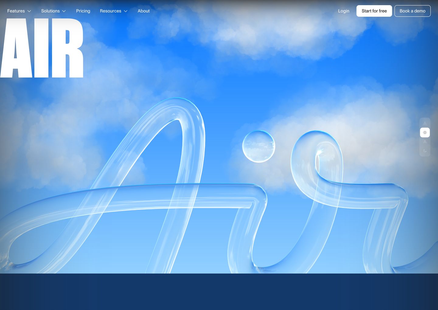 Luminous blue sky canvas dominated by an ethereal 3D glass tube sculpture and bold oversized corner typography.