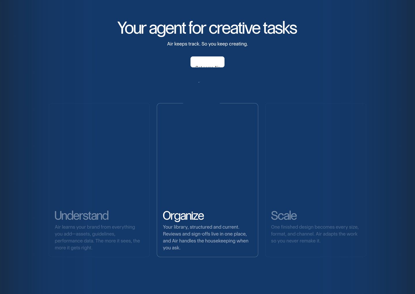 Monochromatic deep blue feature grid presenting three distinct workflow pillars through restrained typography and subtle card outlines.