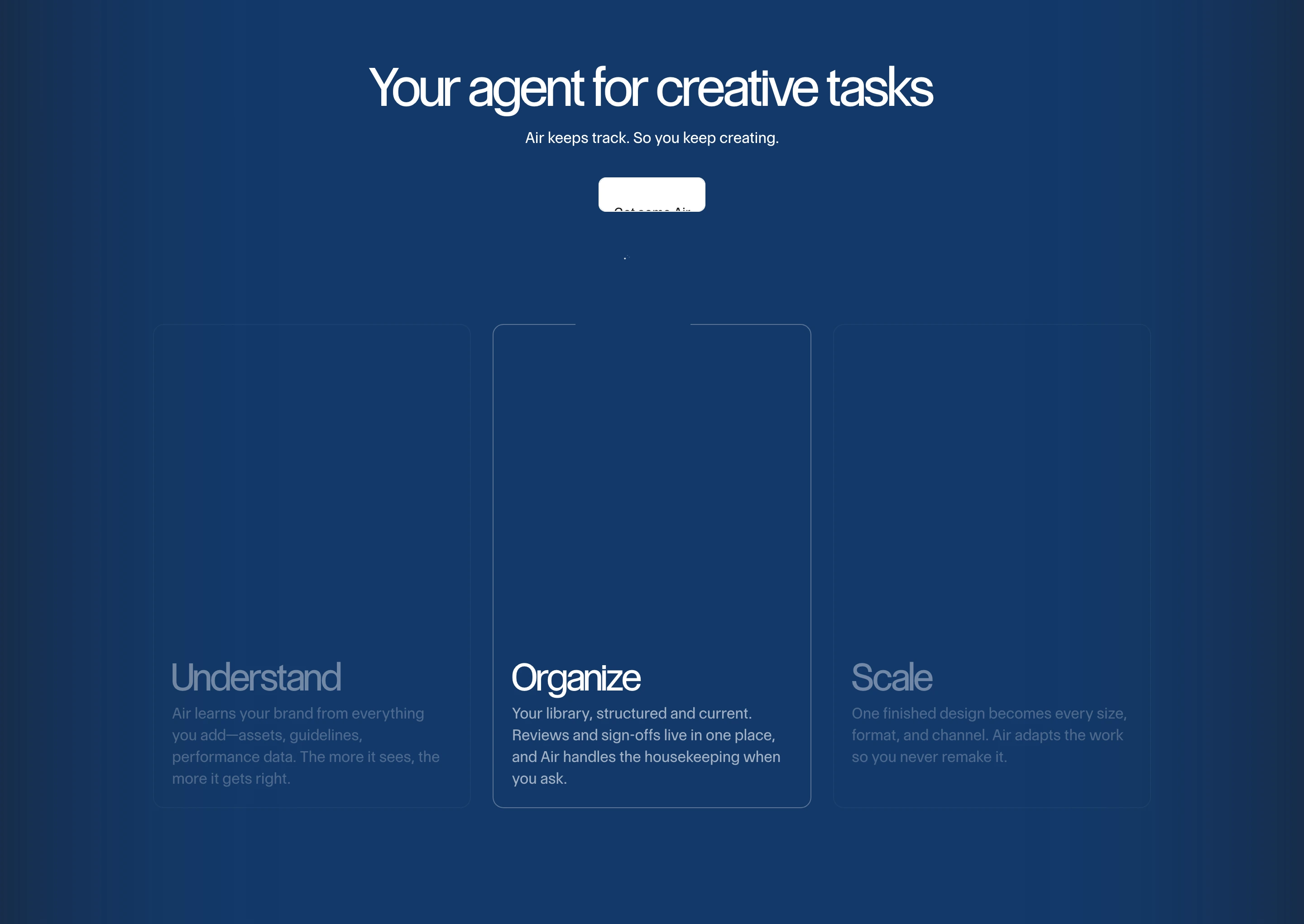 Monochromatic deep blue feature grid presenting three distinct workflow pillars through restrained typography and subtle card outlines.