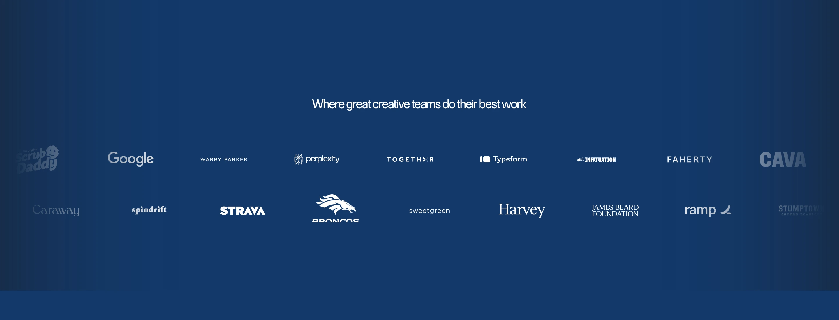 Deep blue social proof bar featuring a restrained headline above two rows of white monochrome client logos.