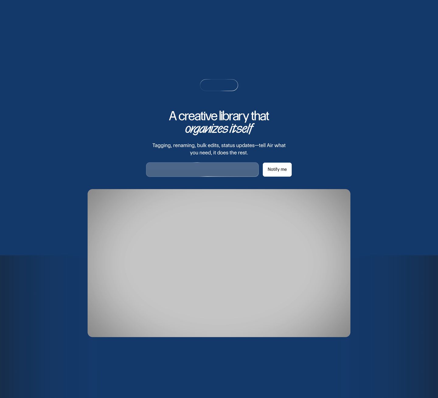 Deep navy waitlist section centered around a distinctive cursive headline accent and a minimal email signup form.
