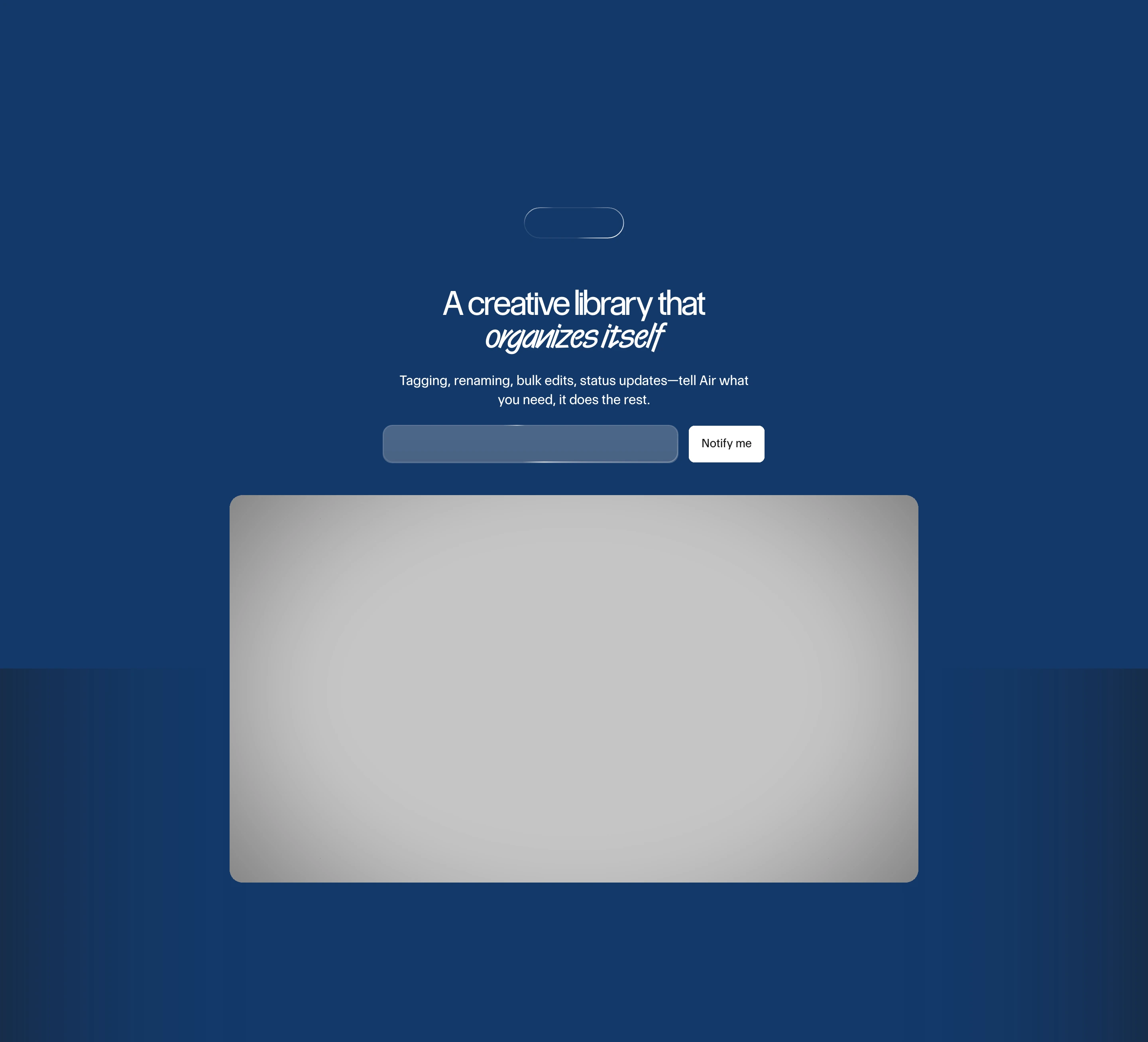 Deep navy waitlist section centered around a distinctive cursive headline accent and a minimal email signup form.