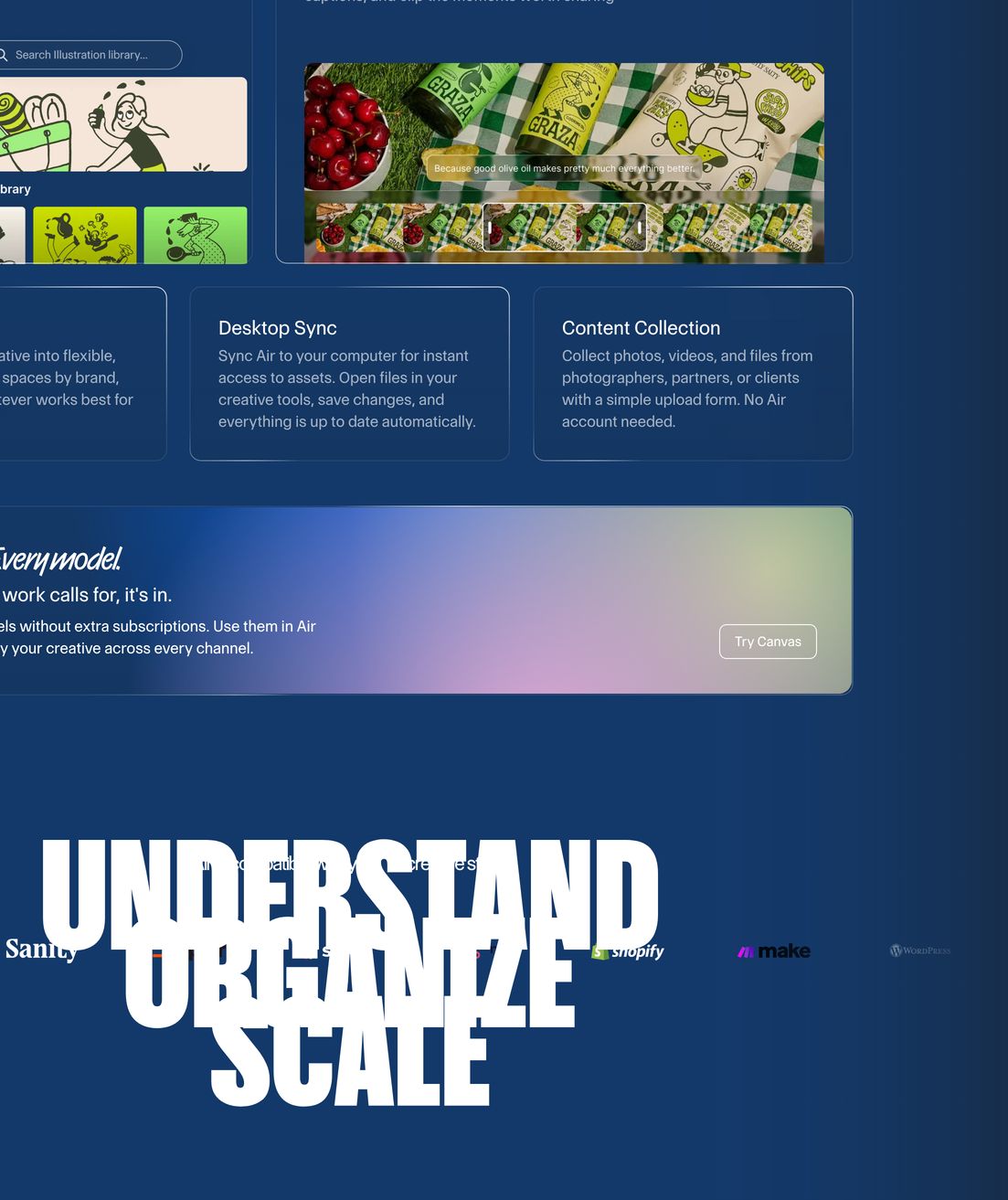 Rich navy digital workspace showcase blending glassmorphic feature cards, soft gradient banners, and high-impact condensed typographic statements.