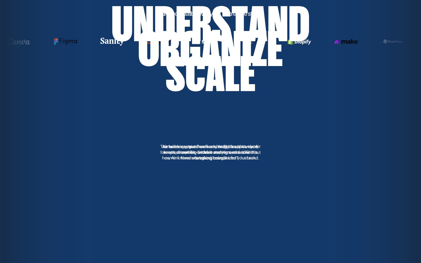A deep navy canvas anchored by massive condensed uppercase typography overlapping with partner tech logos.