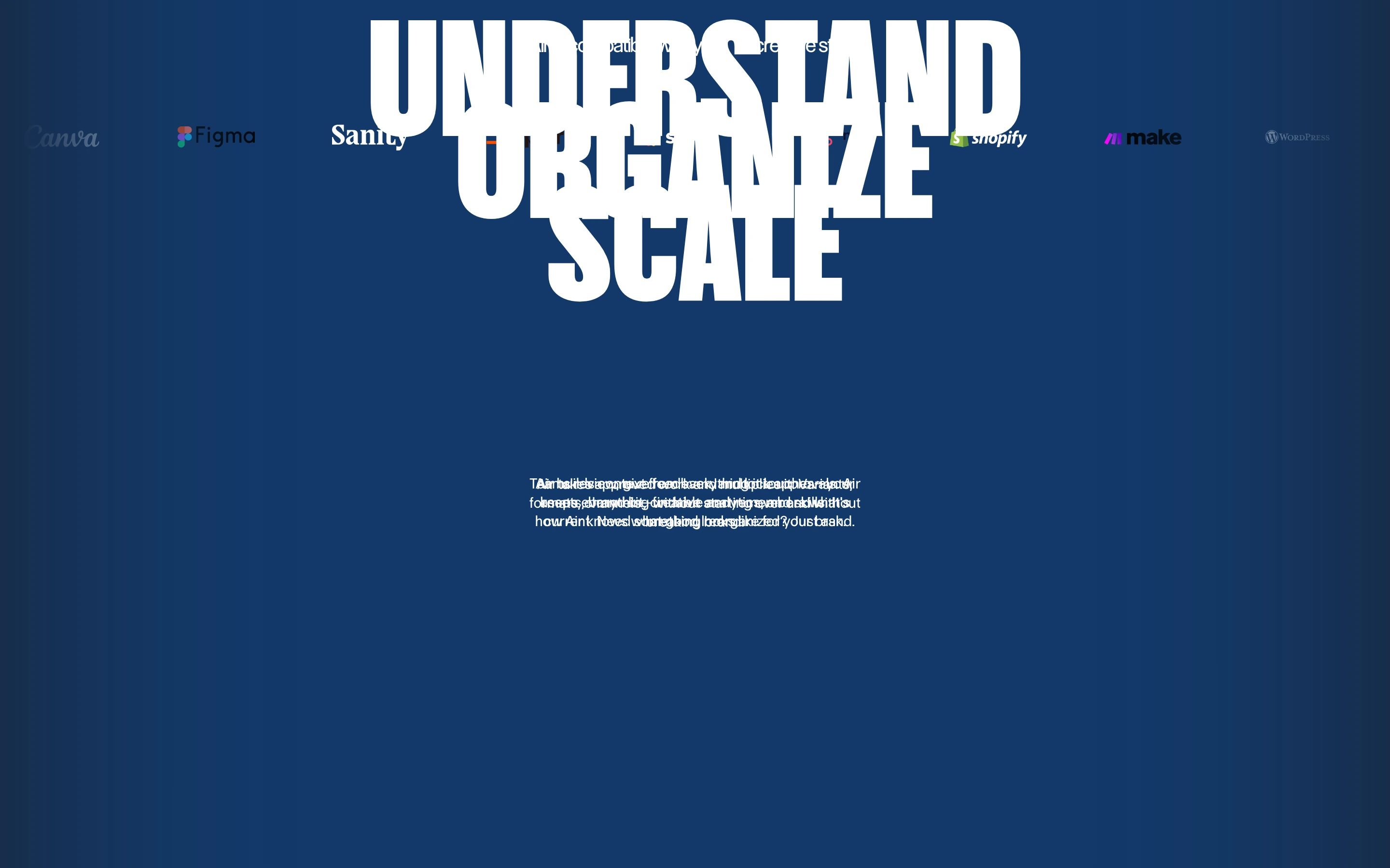 A deep navy canvas anchored by massive condensed uppercase typography overlapping with partner tech logos.