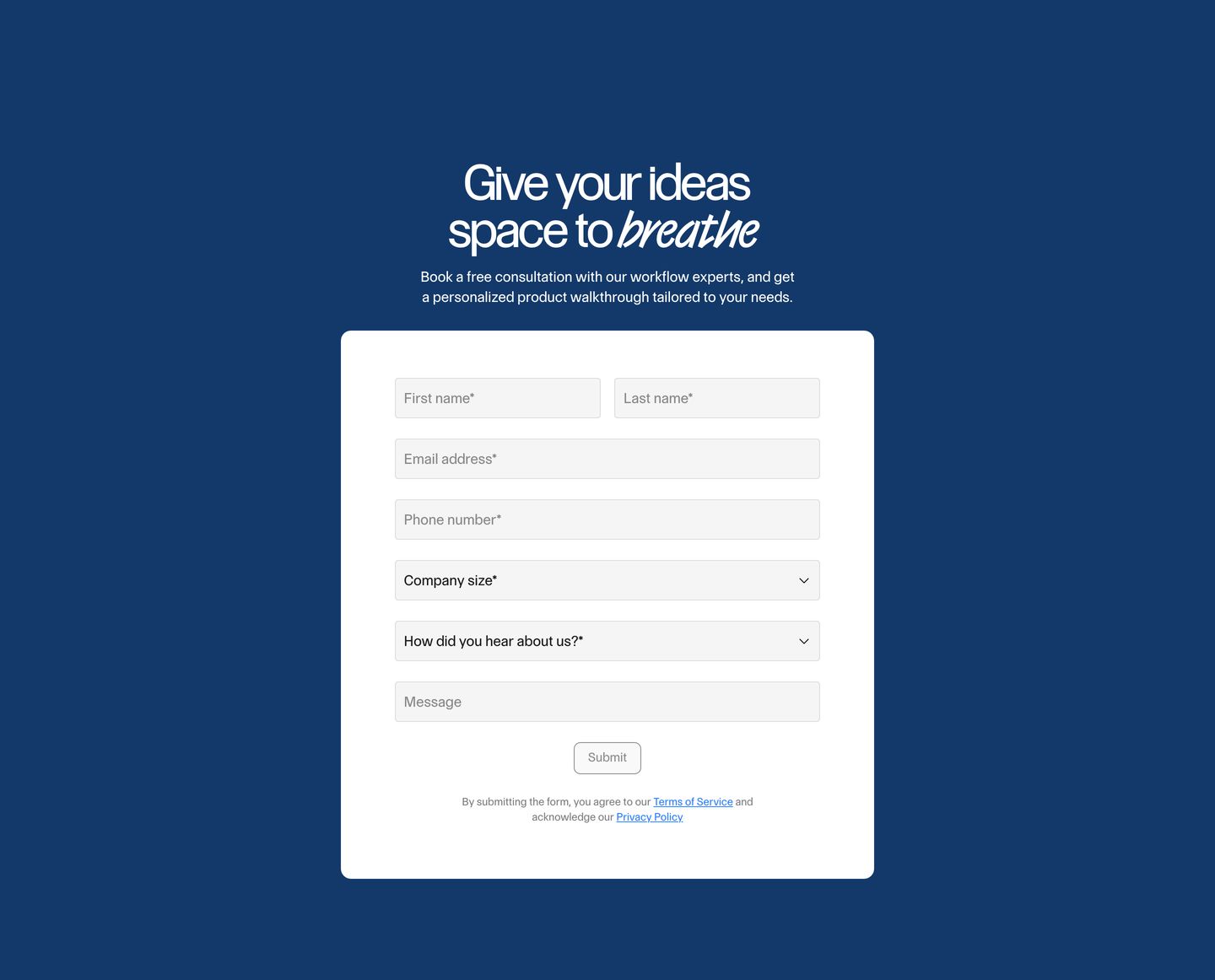 A serene deep blue lead-capture section centering a crisp white consultation form beneath an expressive script-accented headline.