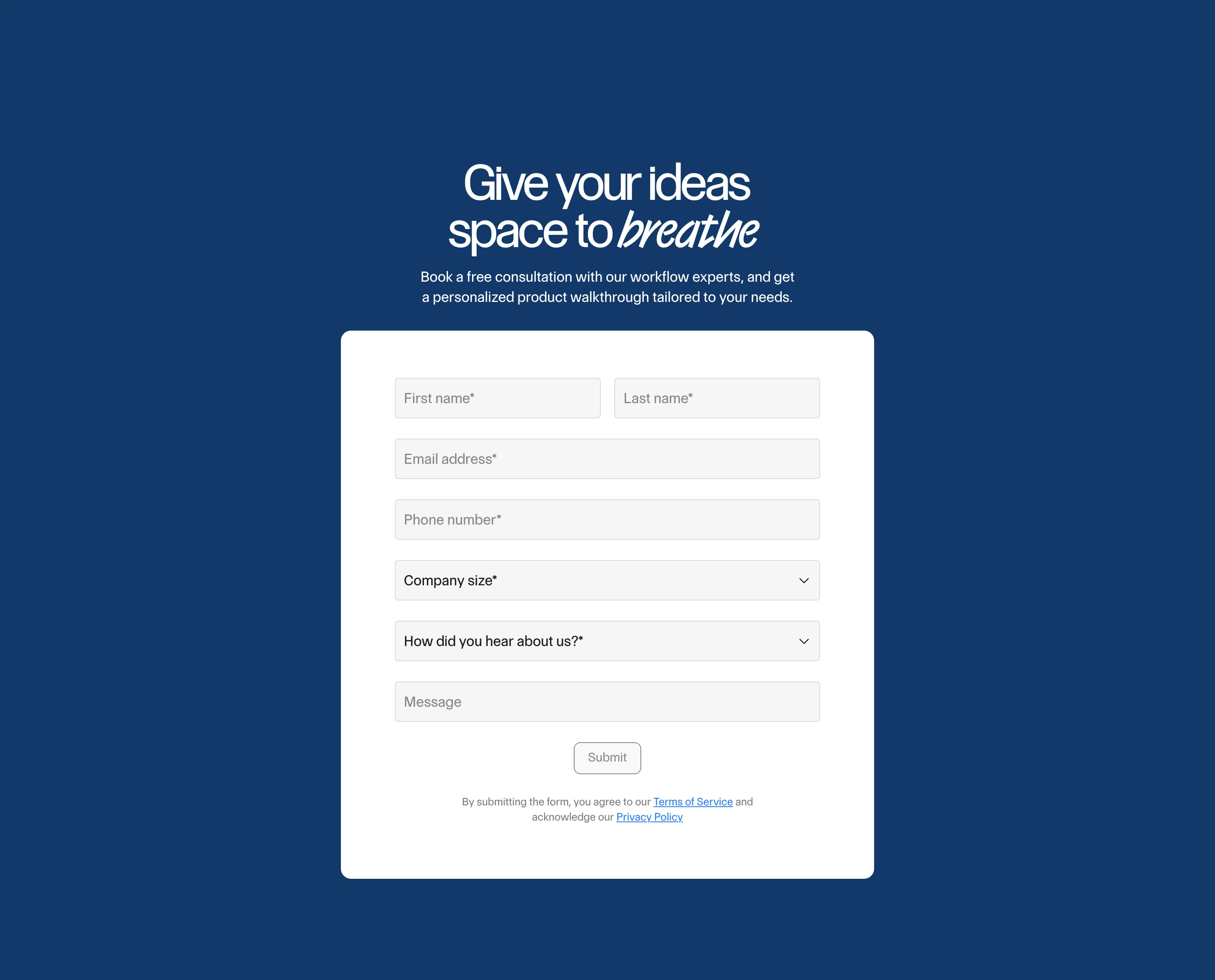 A serene deep blue lead-capture section centering a crisp white consultation form beneath an expressive script-accented headline.