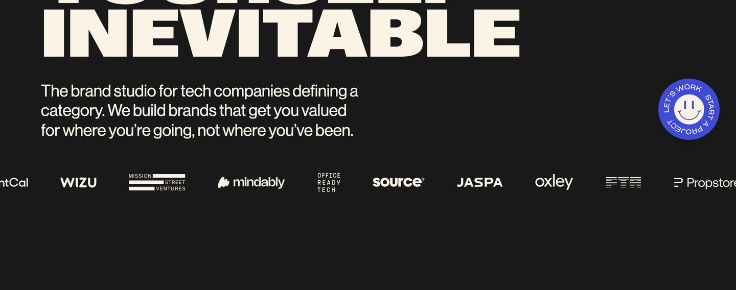High-impact dark hero anchored by massive bold grotesque typography, crisp studio positioning, and a vibrant circular badge.