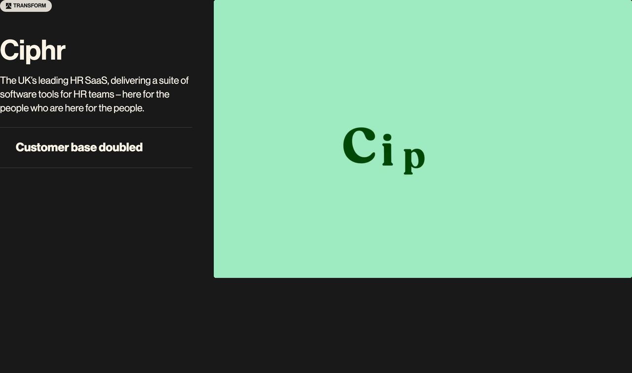 A stark, asymmetric case study feature pairing pitch-black editorial typography with an expansive mint-green graphic viewport.