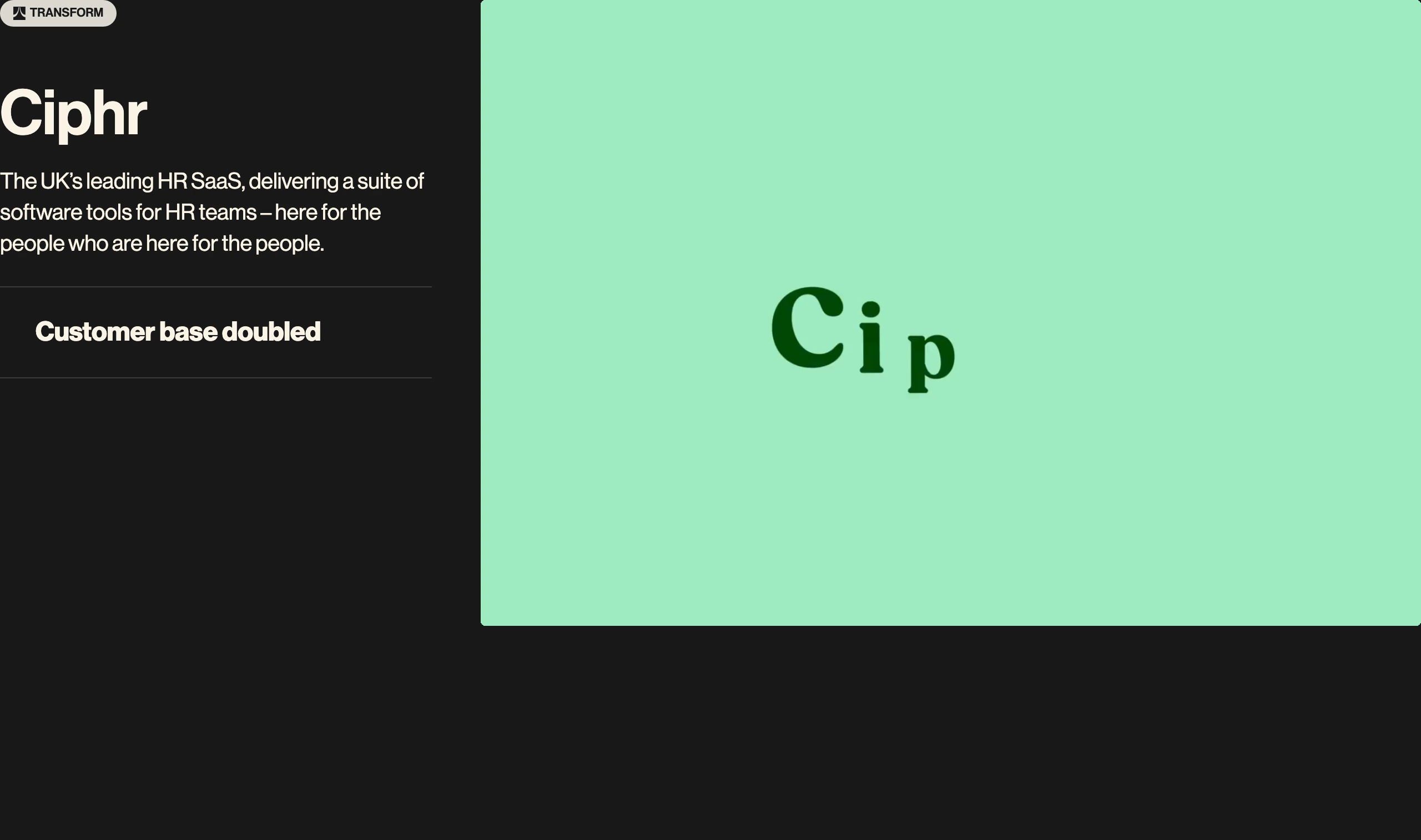 A stark, asymmetric case study feature pairing pitch-black editorial typography with an expansive mint-green graphic viewport.