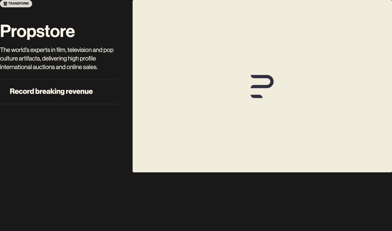A minimalist split case study showcase pairing stark white typography against deep black beside an expansive cream media card.