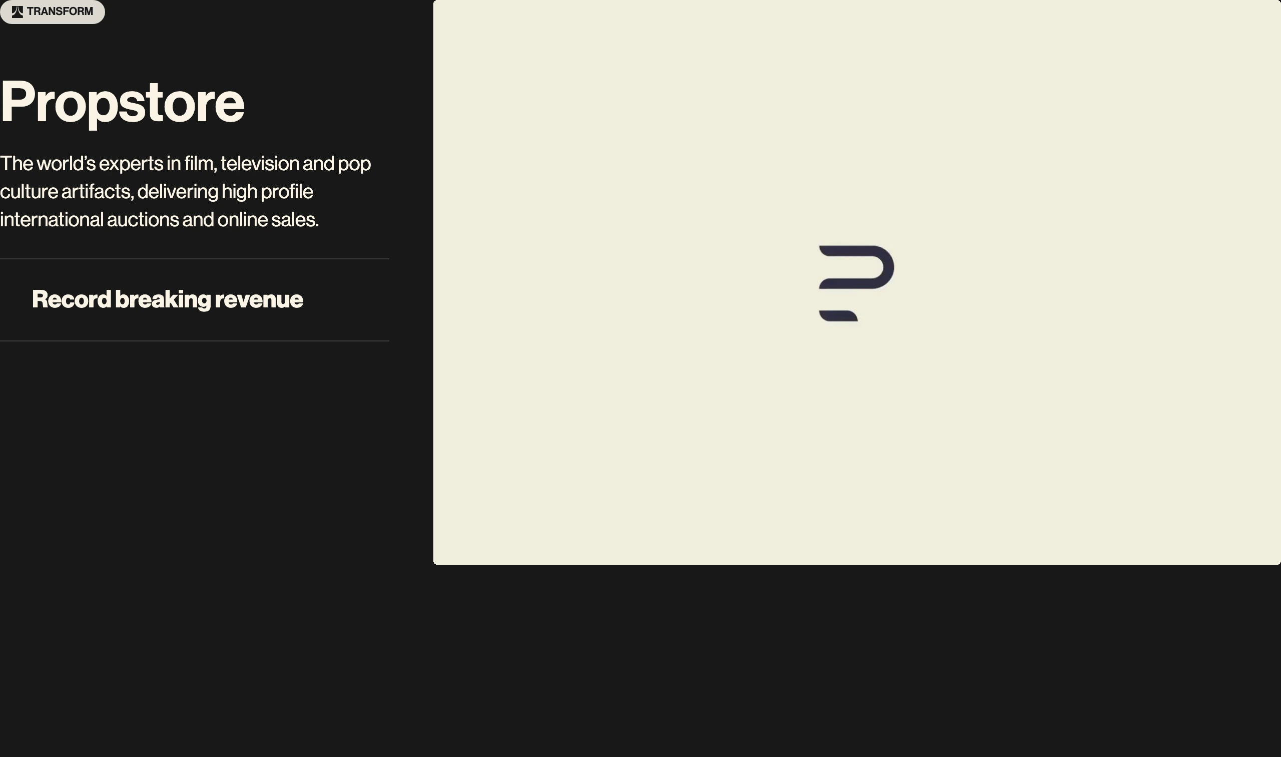 A minimalist split case study showcase pairing stark white typography against deep black beside an expansive cream media card.