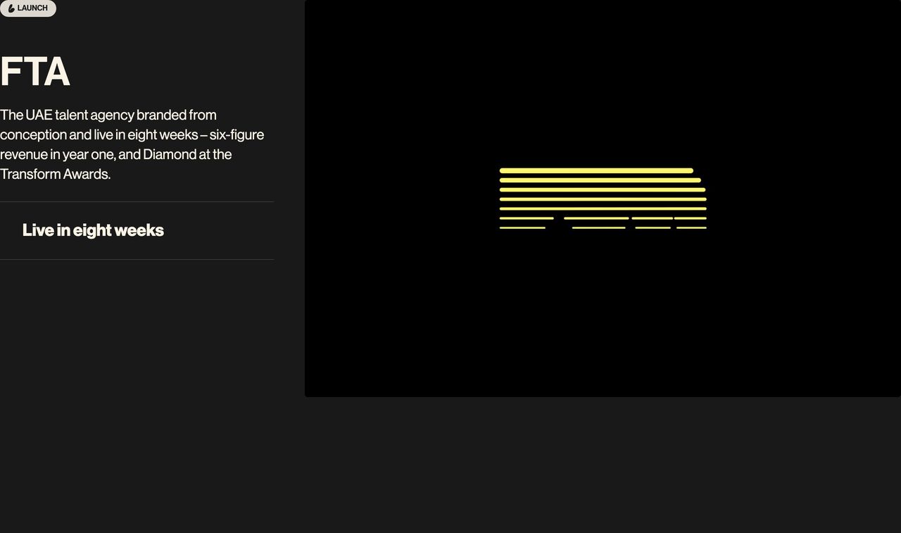 Minimalist dark case study showcase pairing stark Swiss typography on the left with an abstract motion graphic on the right.