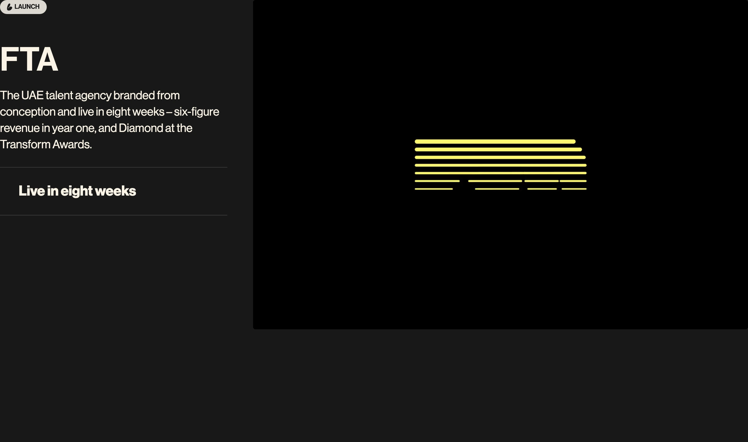 Minimalist dark case study showcase pairing stark Swiss typography on the left with an abstract motion graphic on the right.