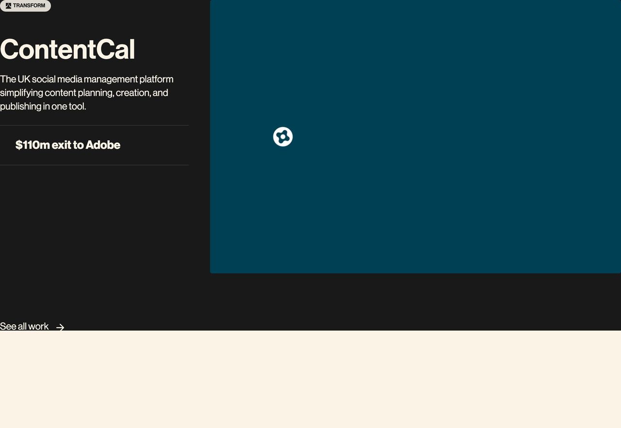 A crisp, high-contrast dark case study feature pairing a bold corporate exit metric with an expansive video viewport.