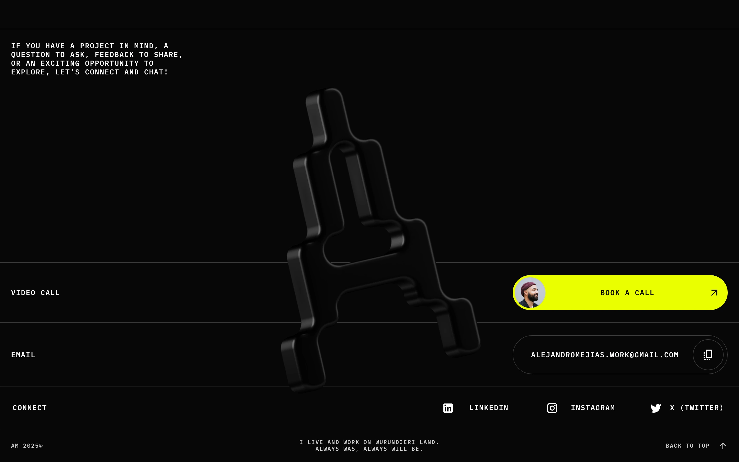 Monolithic, pitch-black contact footer anchored by a central matte-black 3D monogram and an electric yellow action pill.