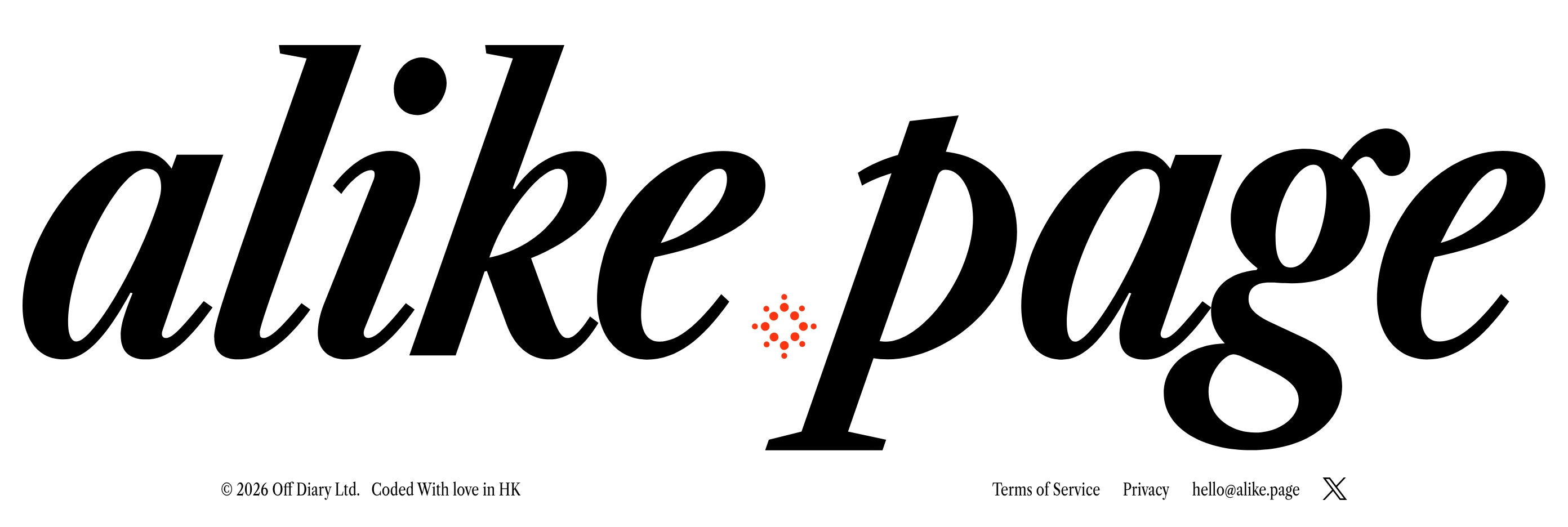 A crisp, high-contrast footer dominated by an oversized italic serif wordmark grounded by minimal fine print below.