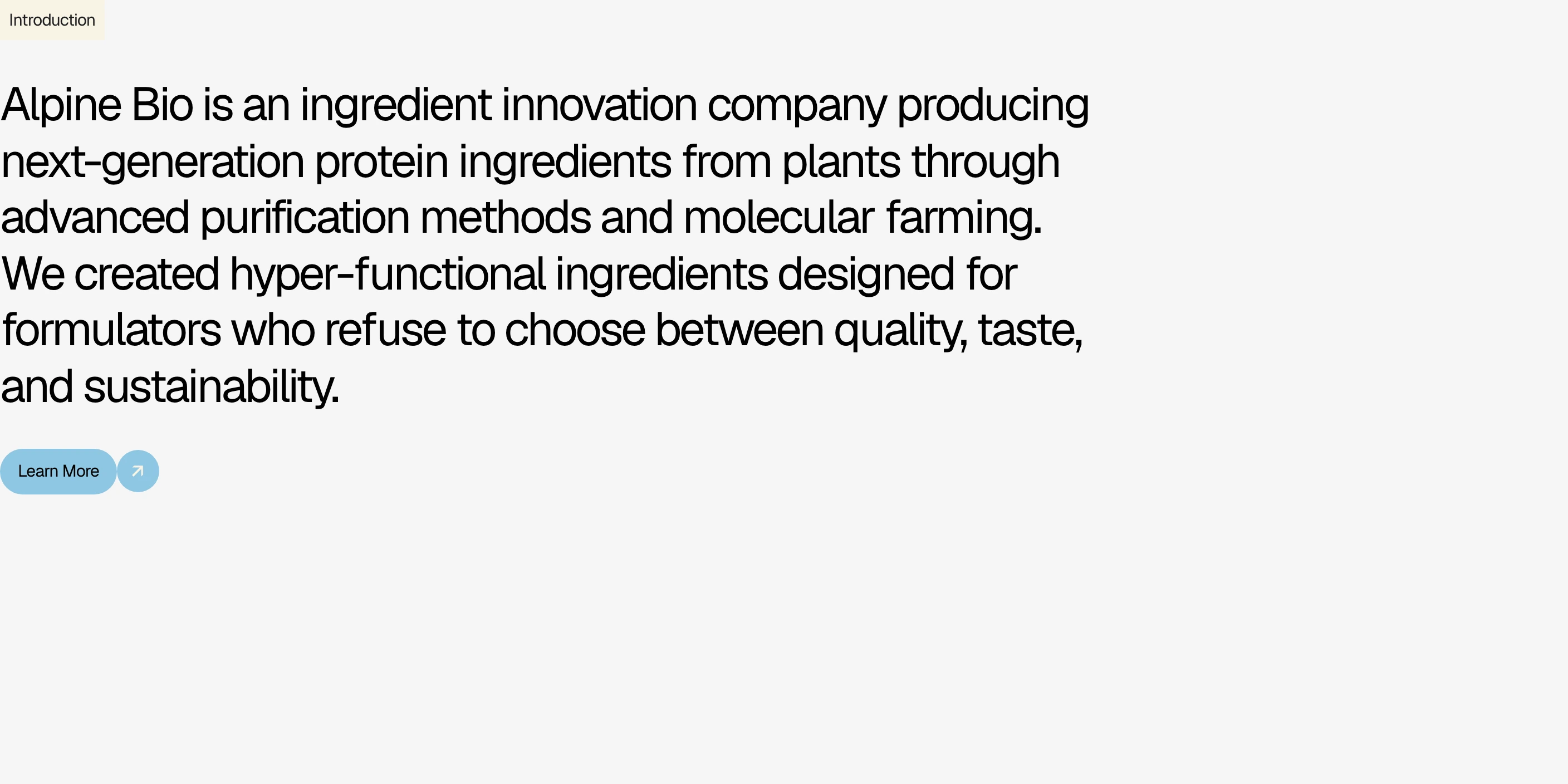 A clean, typography-led introductory statement with an airy layout, quiet confidence, and a soft blue pill callout.