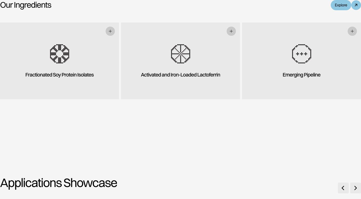 A sterile, minimalist scientific ingredients showcase with pixelated geometric glyphs and restrained grey-toned cards.
