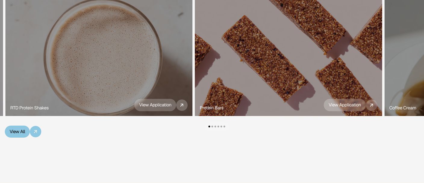 A clean, warm product showcase slider pairing rich overhead food photography with translucent floating action pills.